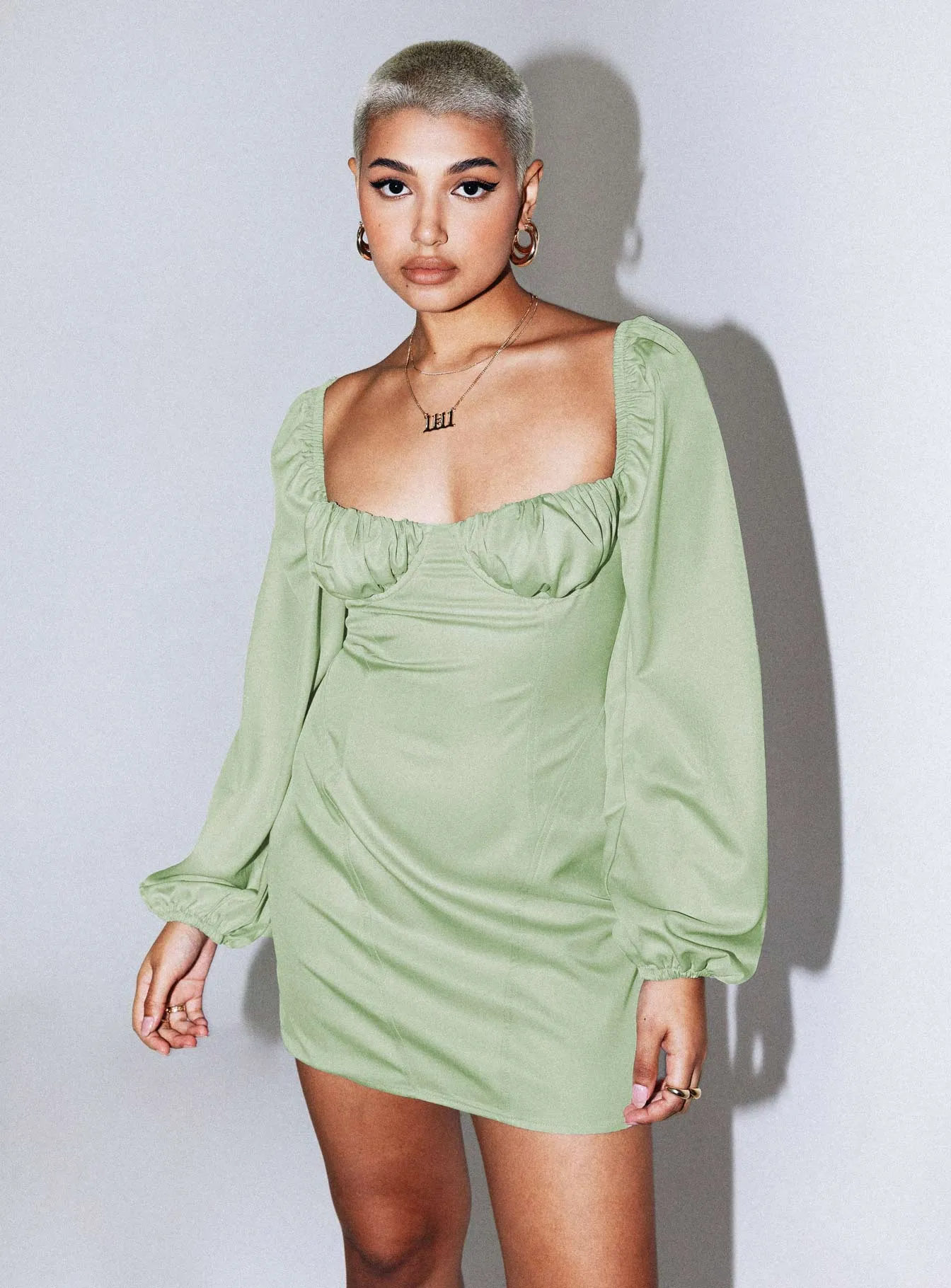 Flare Swing Be Mine Long Sleeve Mini Dress Green