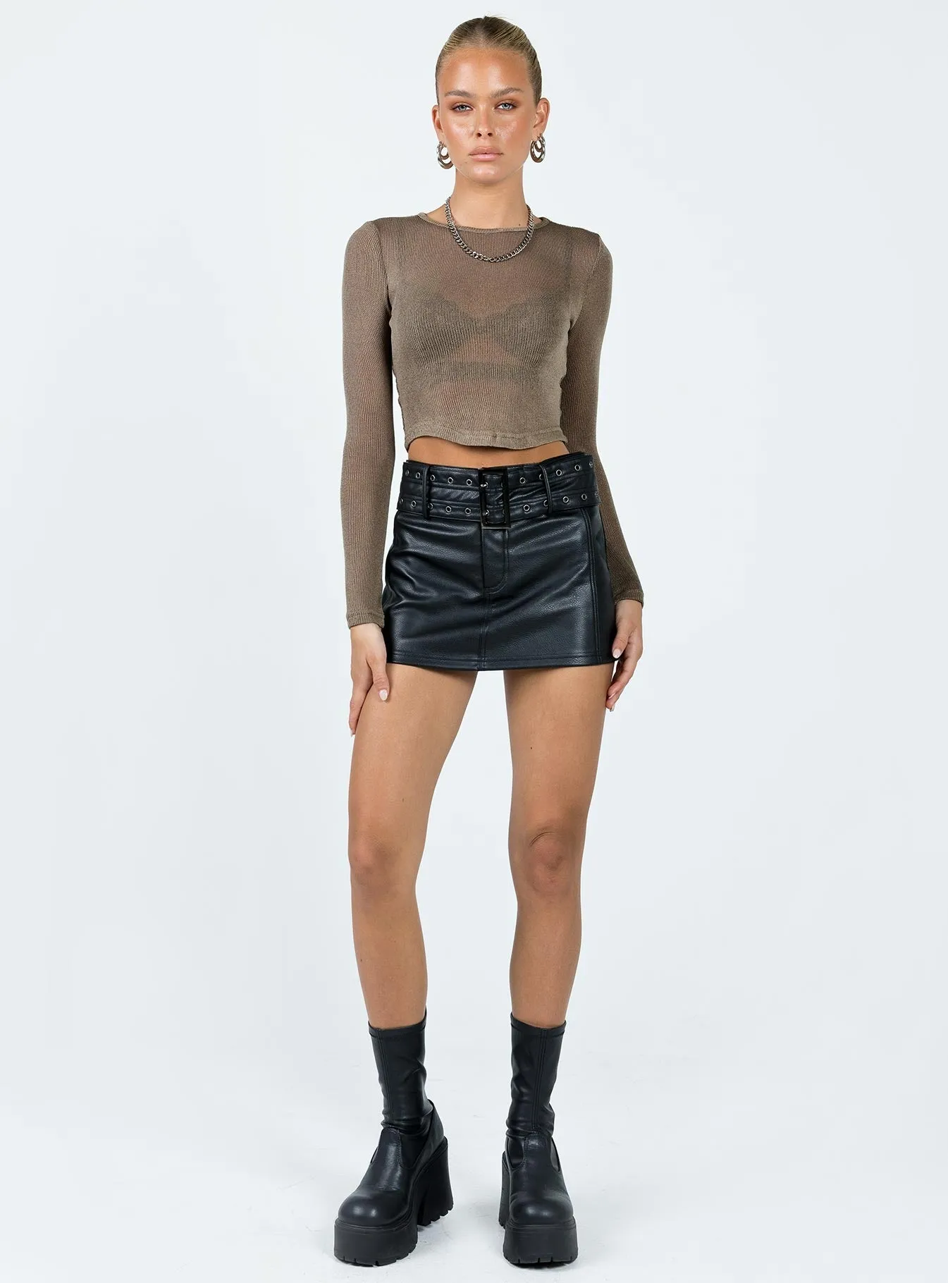 High Elasticity Material All Season Wear Torridon Eyelet Belt Faux Leather Mini Skirt Black
