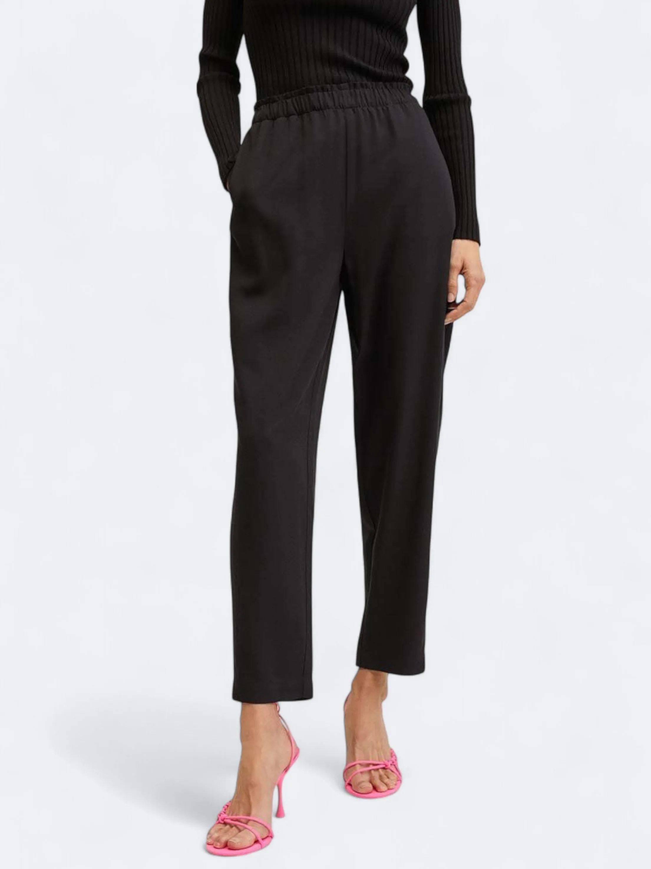 Women's Plain Fluido High Waist Wide Leg Pants,Black Sweat Resistant Side Pockets