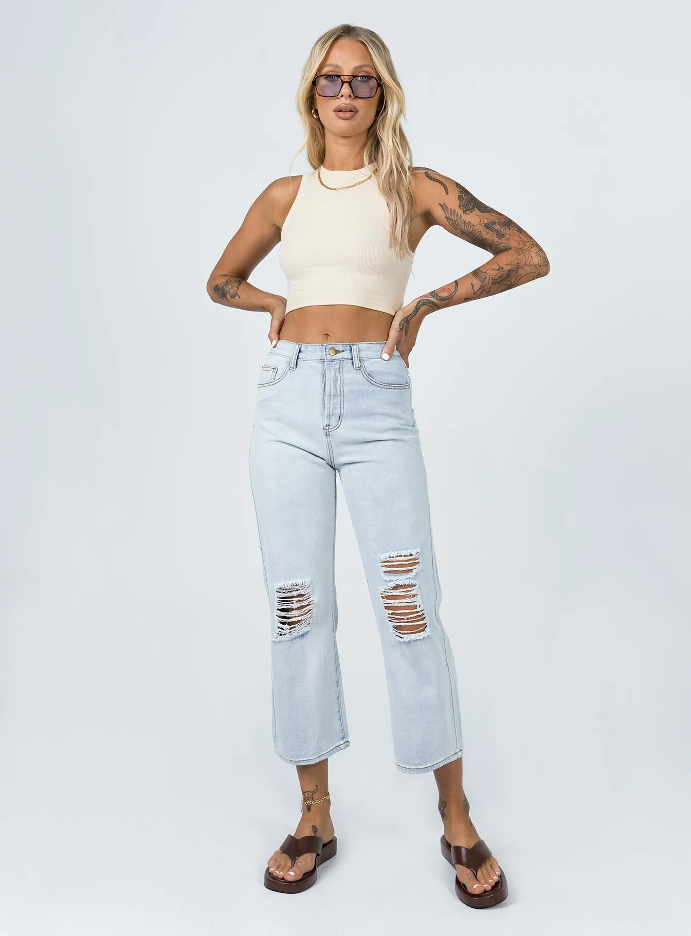 DoubleLayered Fabric Stylish Fashion Billed Ripped Jean Light Wash Denim