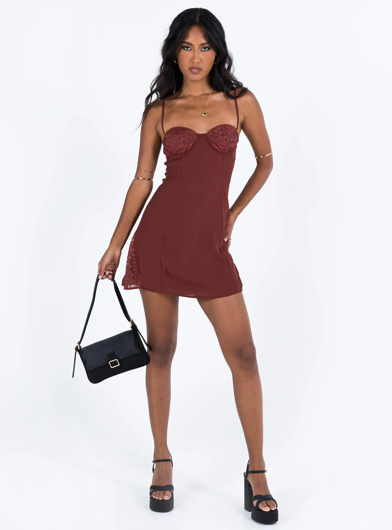 Lightweight Piece Silky-Lining Laysan Lace Mini Dress Burgundy