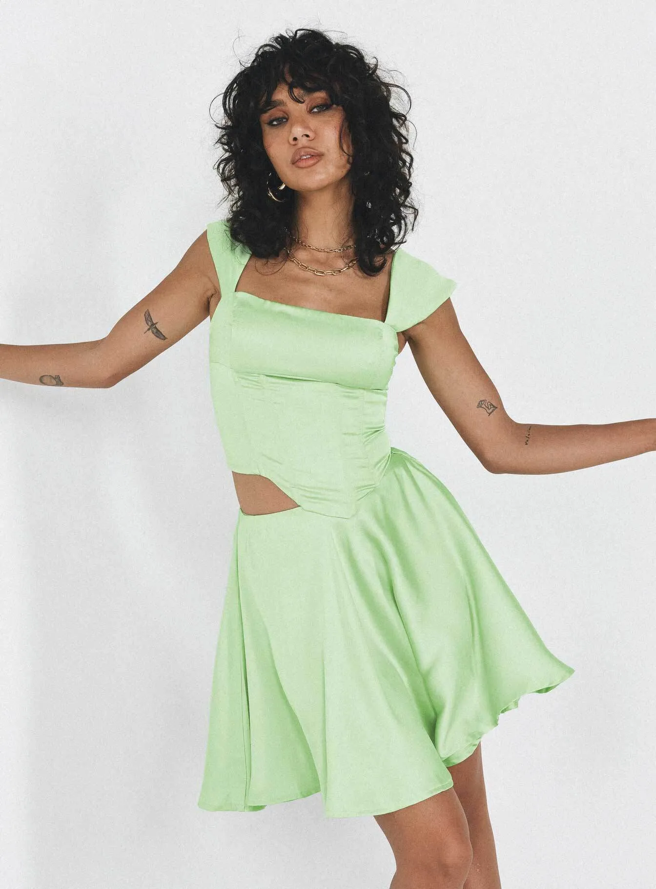 Cornell Satin Mini Skirt Green Contrast Panel Refined Style