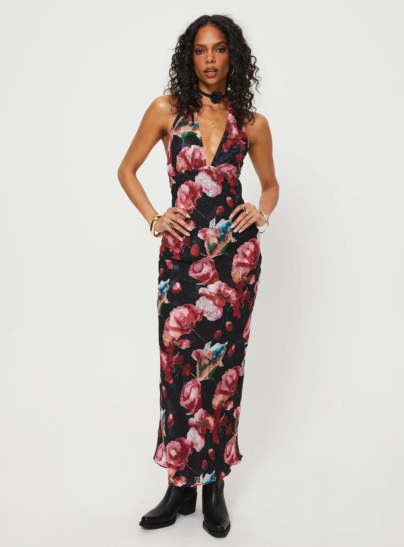 Light Cloud Moulin Halter Maxi Dress Black / Red Floral