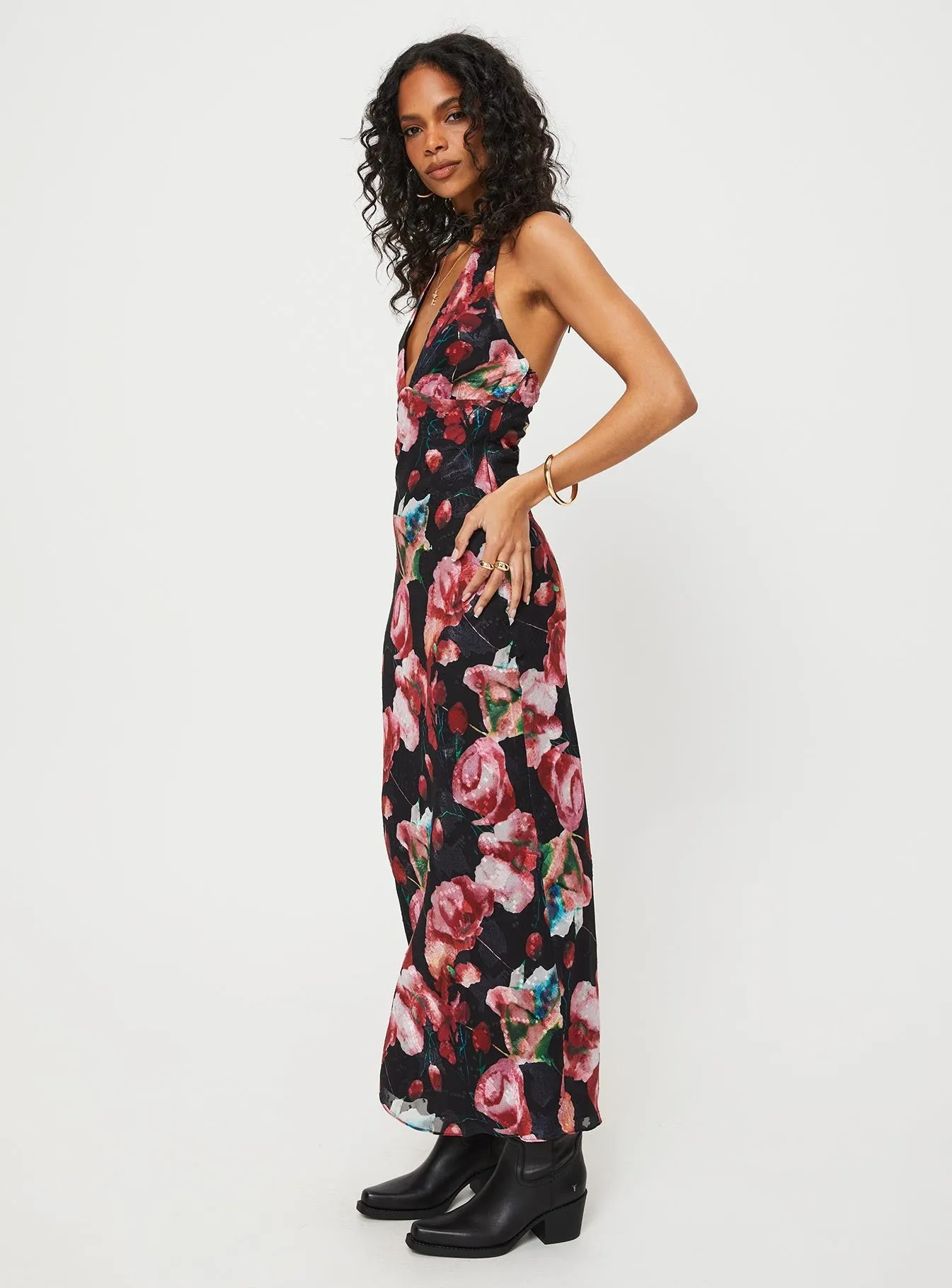 Moulin Halter Maxi Dress Black / Red Floral Feminine Comfort Work Fitwear