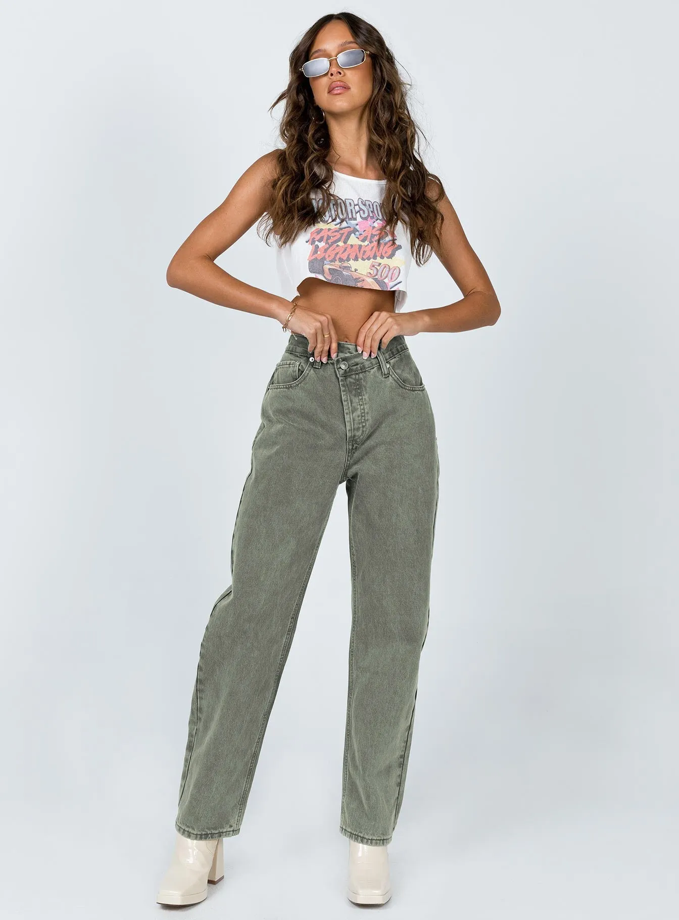 Holly Asymmetric Straight Leg Jean Green Denim Hotel Style Holiday Ease
