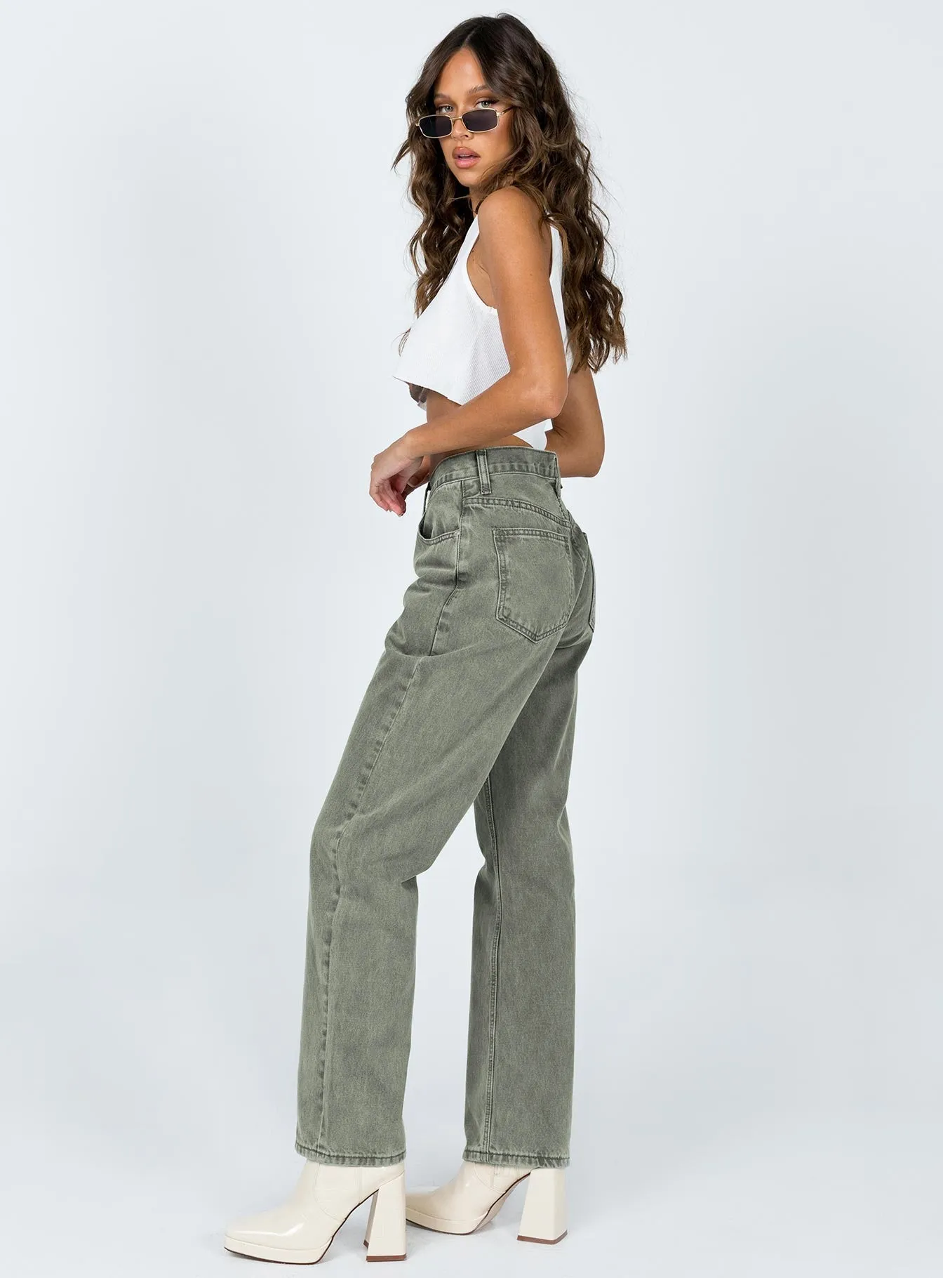 QuickDry Material SoftTouchLining Holly Asymmetric Straight Leg Jean Green Denim