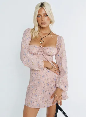 Easy Layering Chic boho dress Graner Long Sleeve Mini Dress Pink Floral