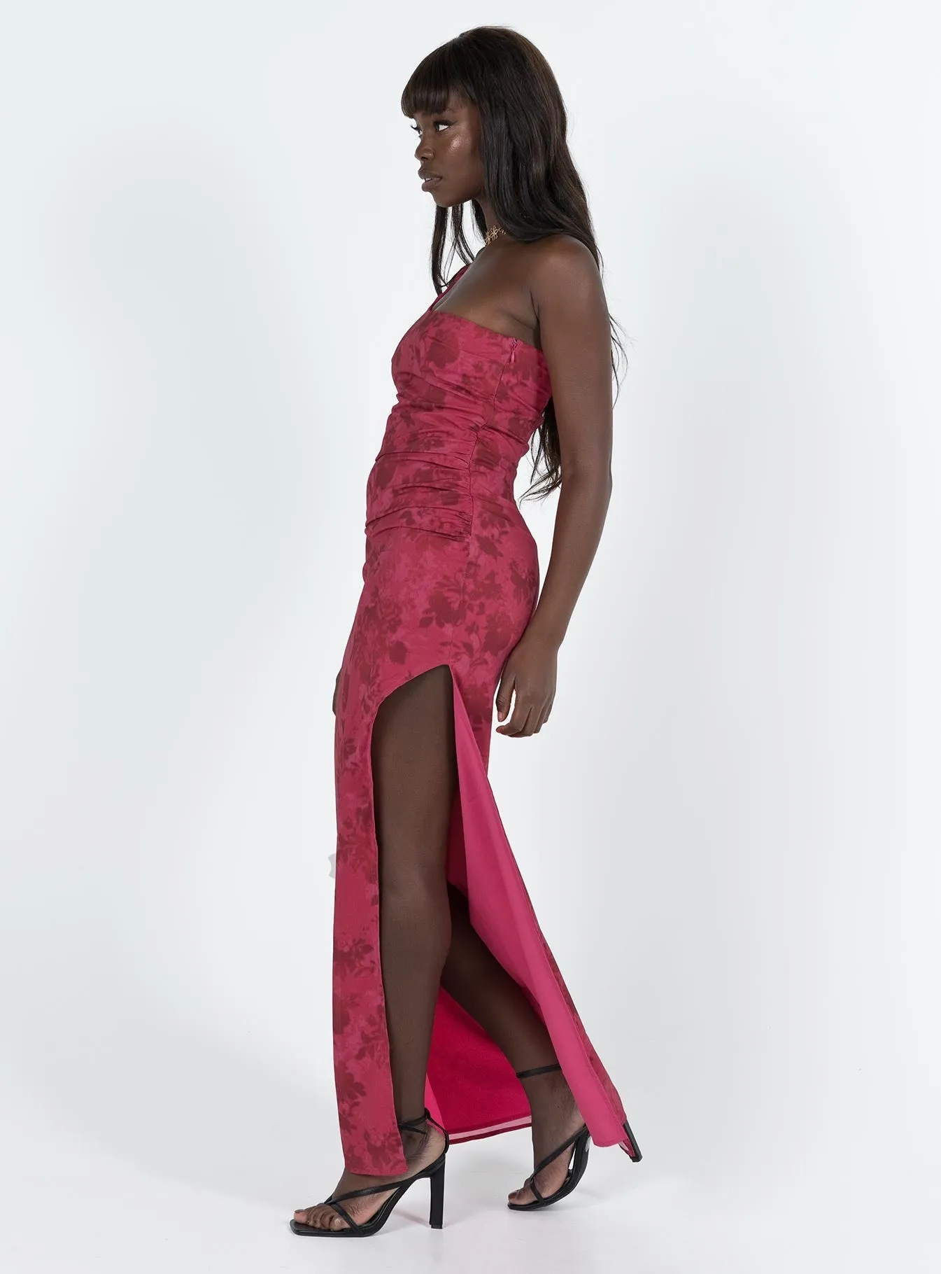 Chika One Shoulder Maxi Dress Red Monochrome Mood Sophisticated Elegance