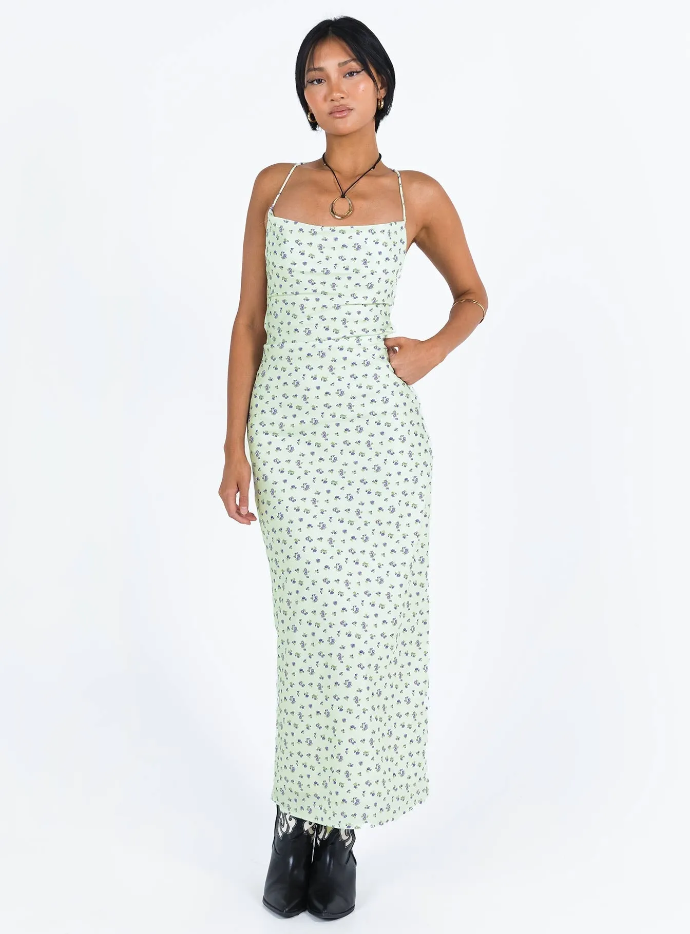 Malabar Maxi Dress Mint / Floral Asymmetrical hem Gloss Finish
