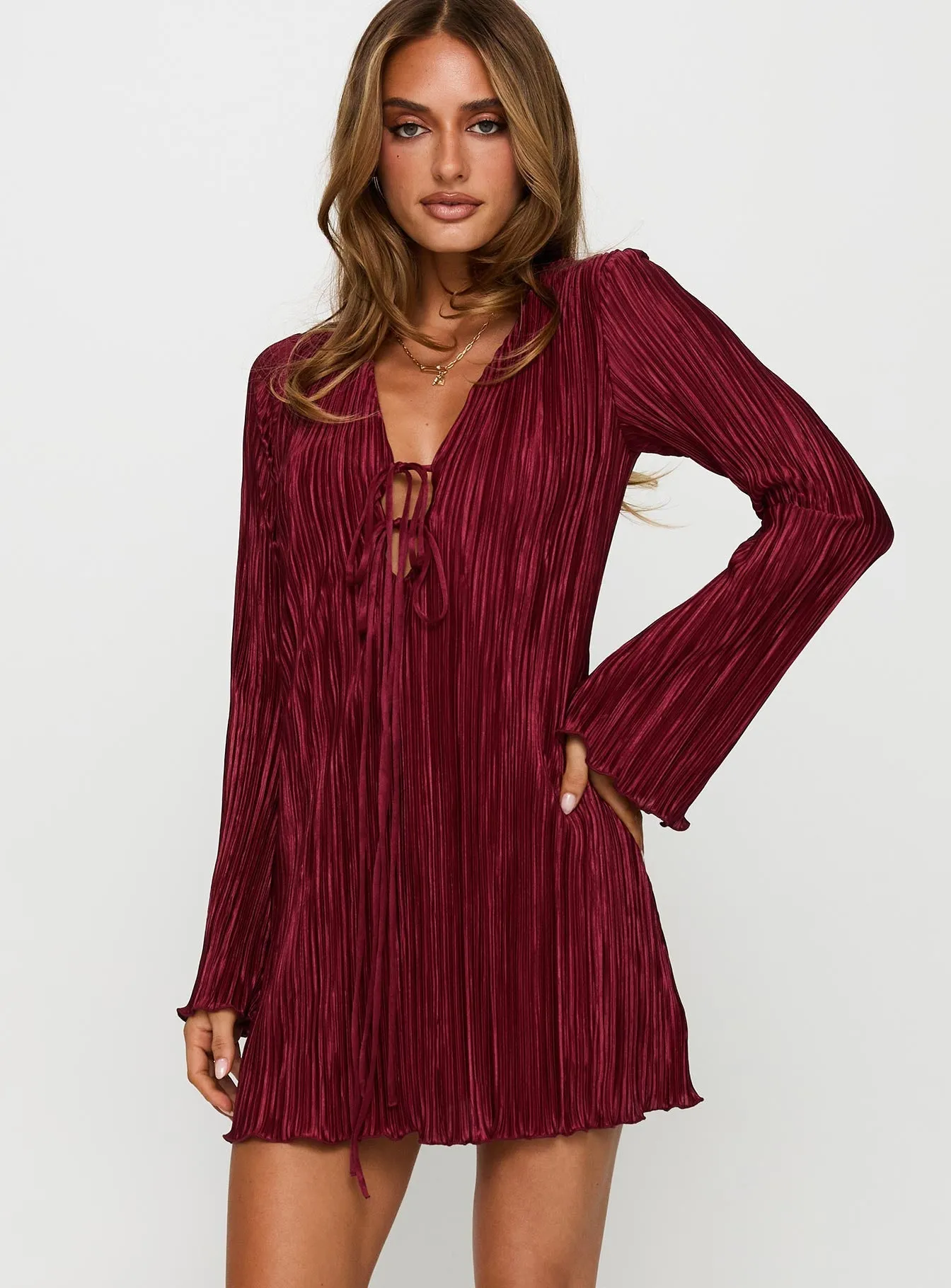 Breezy Style Malop Long Sleeve Mini Dress Burgundy