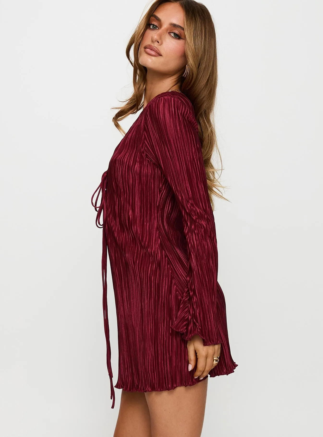 Malop Long Sleeve Mini Dress Burgundy Stretchable