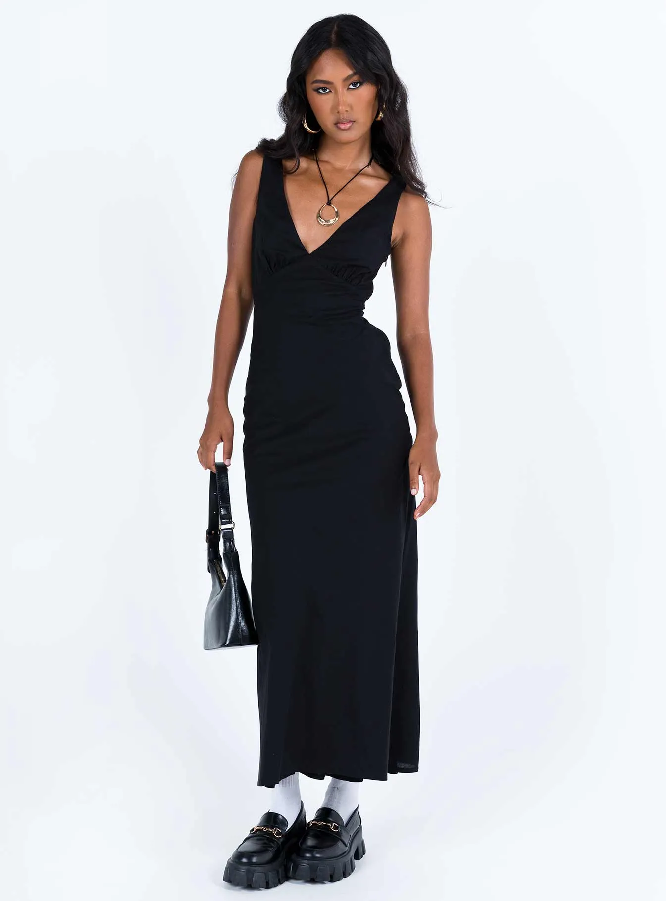 Nellie Maxi Dress Black Linen Detachable-Detail Elegant Layers