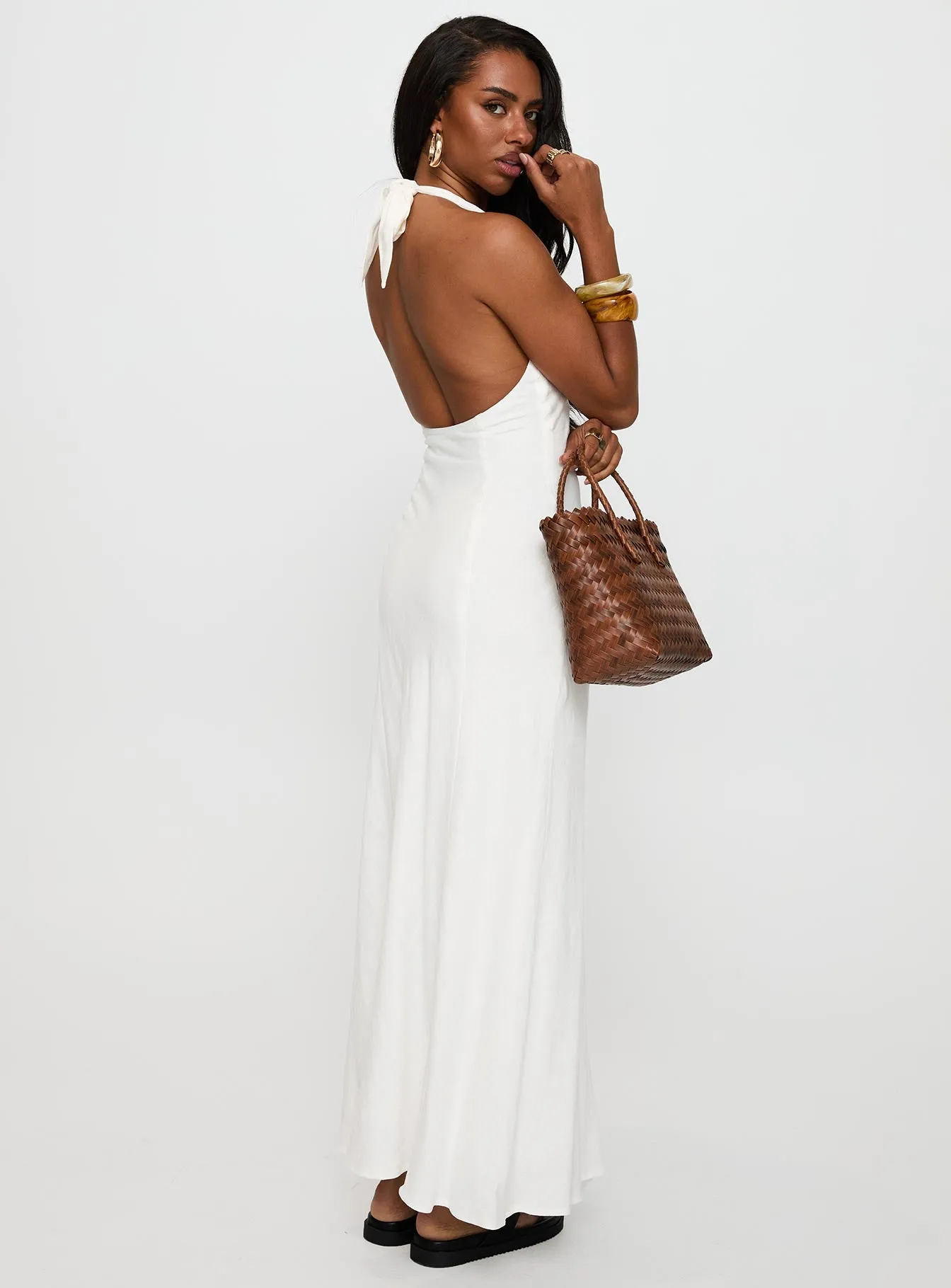 Bright Accent Art Inspired Salone Linen Halter Maxi Dress White