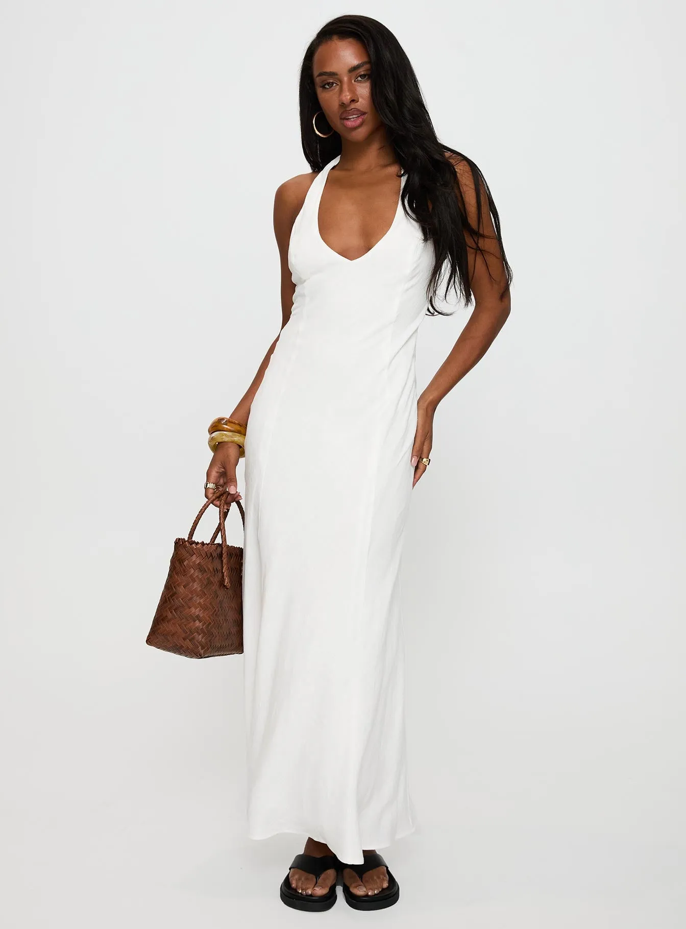 Kimono-Sleeve Soft Neutral Salone Linen Halter Maxi Dress White