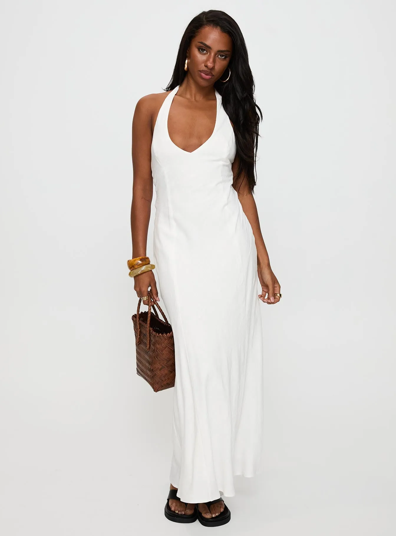 Salone Linen Halter Maxi Dress White Lunch Date Flap-Detail
