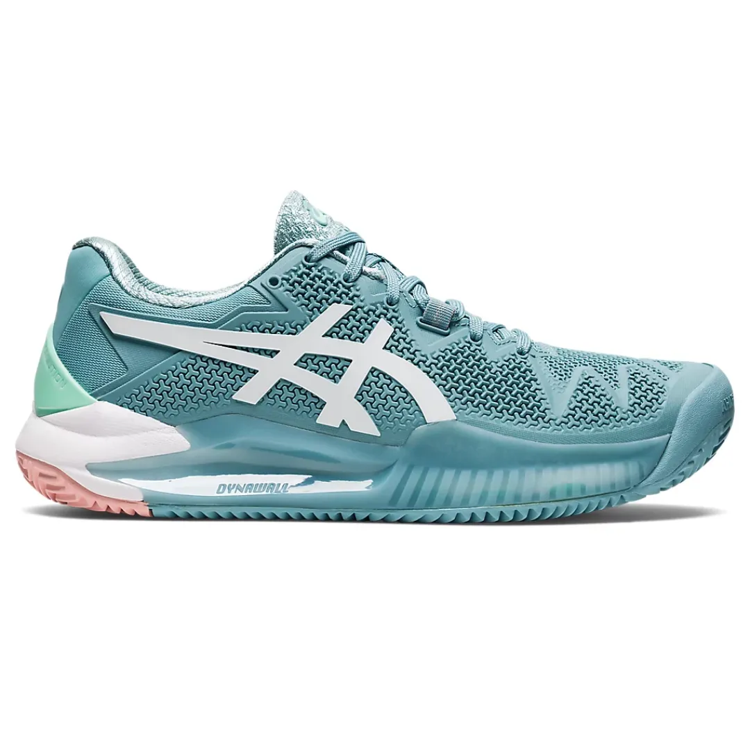 Asics Womens Gel Resolution 8 Smoke Blue/White Clay Tennis Shoes Reinforced Heel Counter Exercise Ready