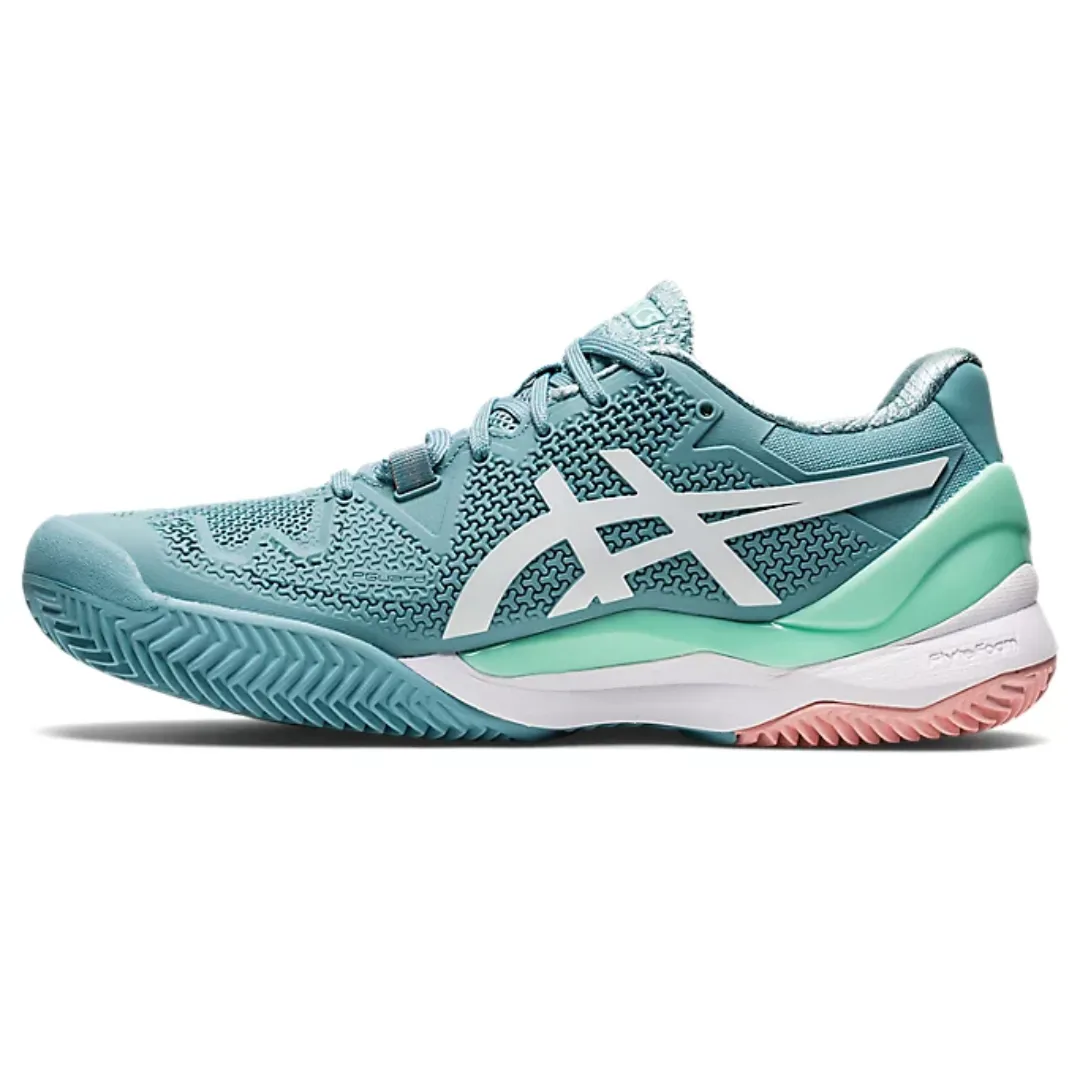 Asics Womens Gel Resolution 8 Smoke Blue/White Clay Tennis Shoes Flexible Arch Support