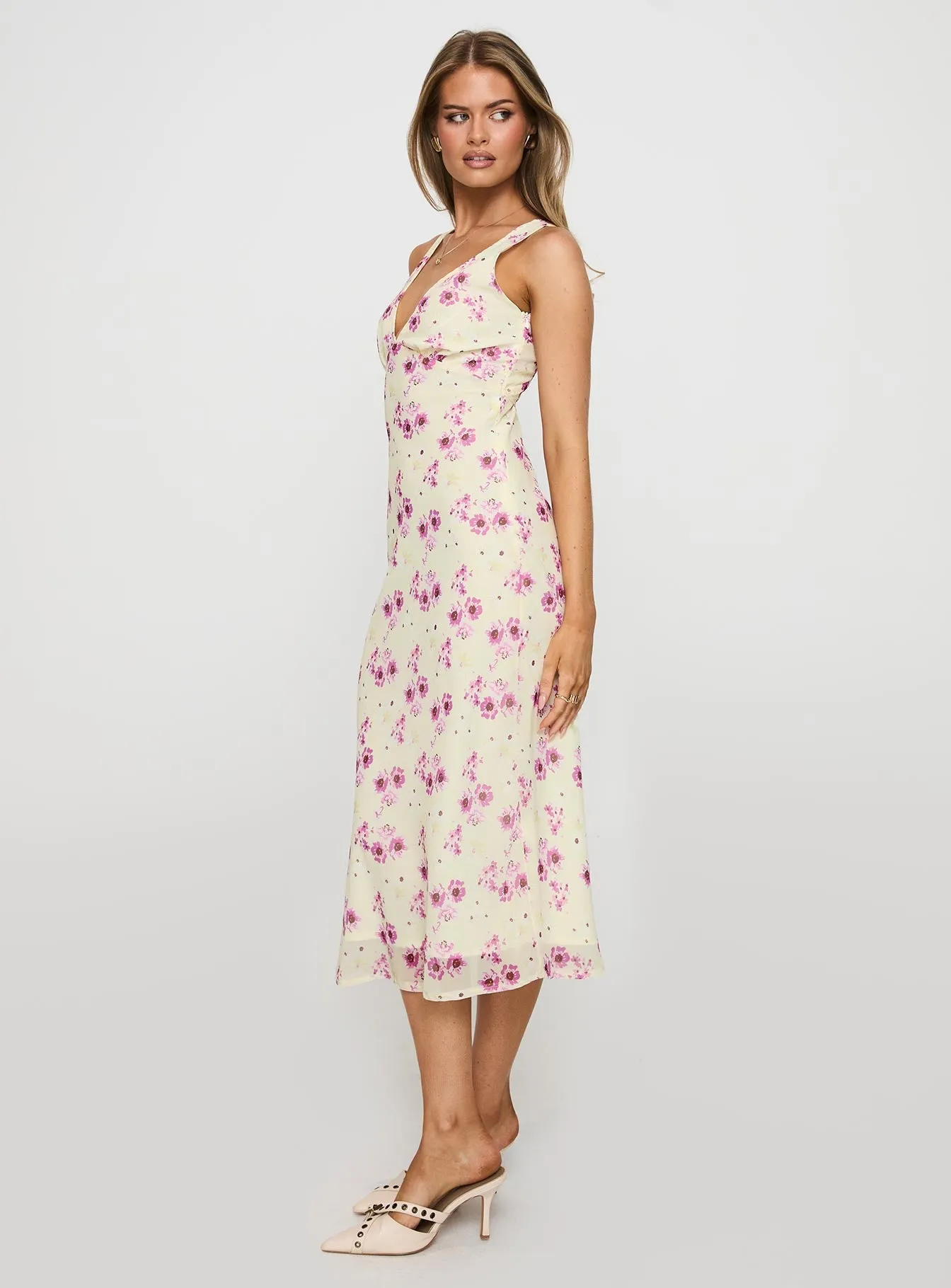 Lunch Date Stylish Vibe Nellie Midi Dress Yellow Floral