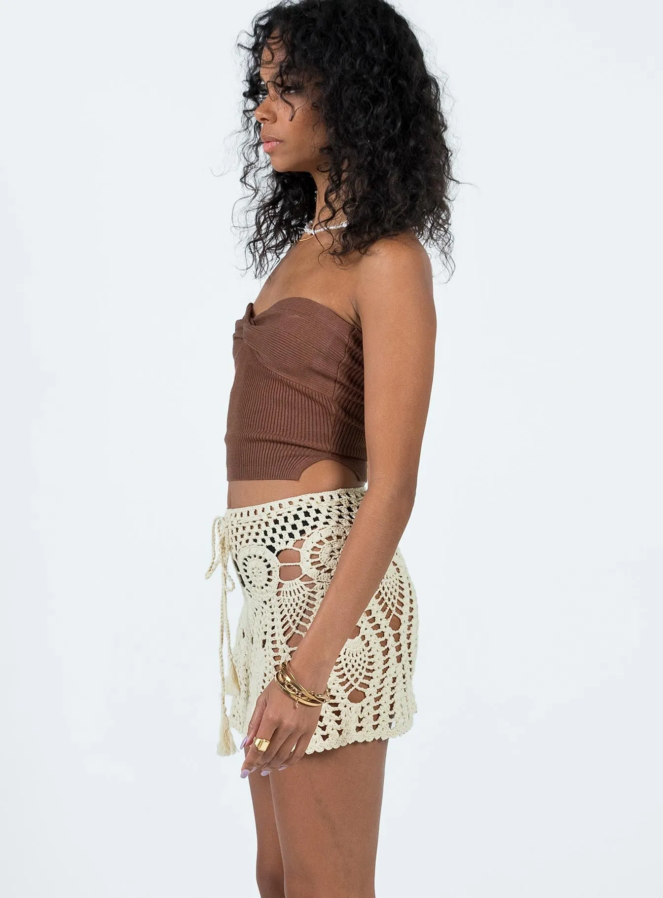 Basic Layers Blooming Crochet Mini Skirt Beige
