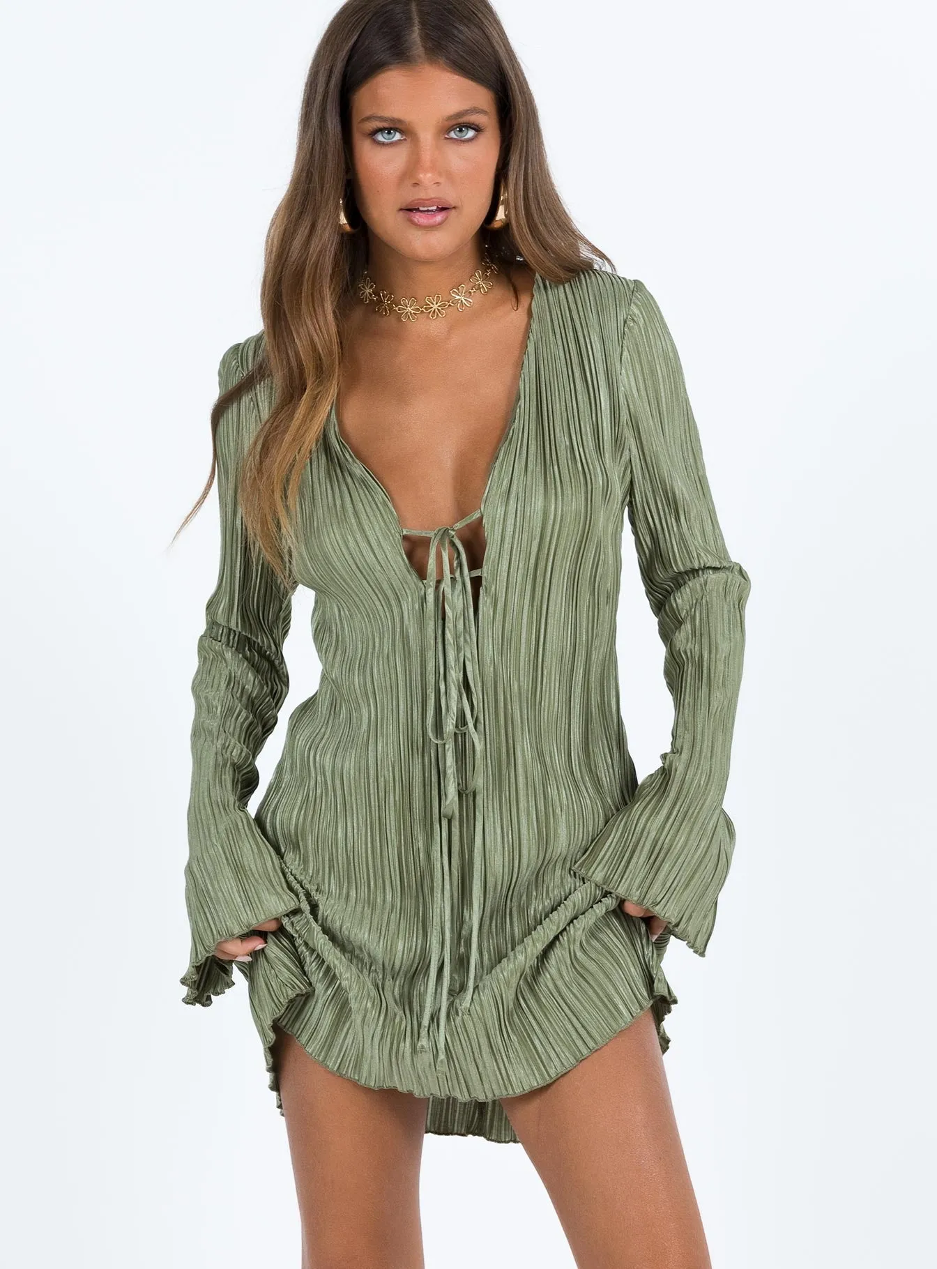 Clean Tone Malop Long Sleeve Mini Dress Sage
