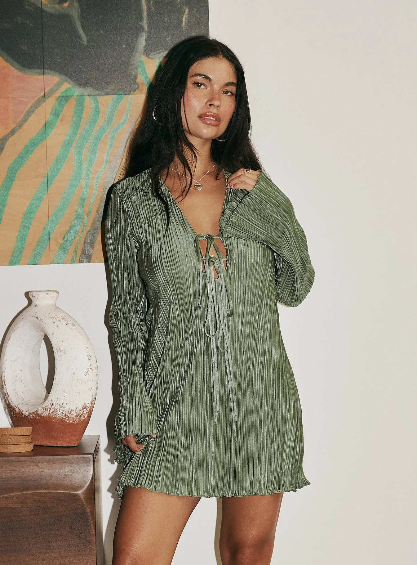 Malop Long Sleeve Mini Dress Sage Simple Texture