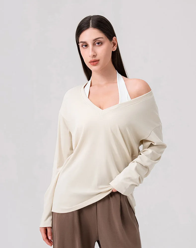 Loose V Neck Loose Long Sleeves T-Shirts Casual Yoga Tops Planet Glow NonBindingCollar