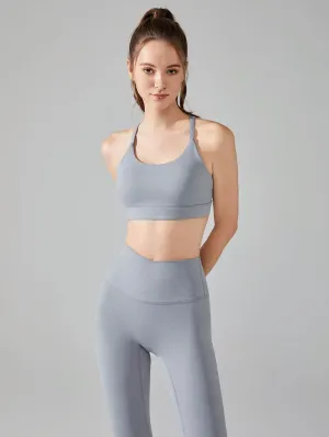 Stretchable Waistband Cross Spaghetti Straps Sports Bra with Removable Chest Pad