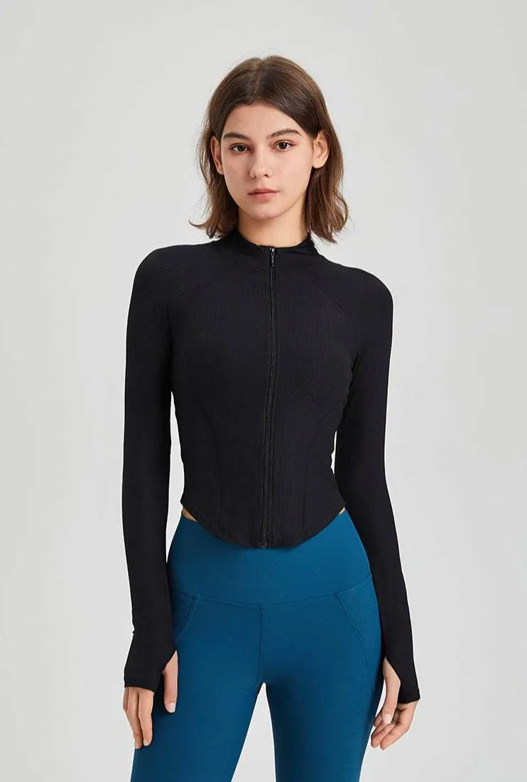 Full Zip-up Yoga Jacket with Thumb Holes FlexibleNeckline