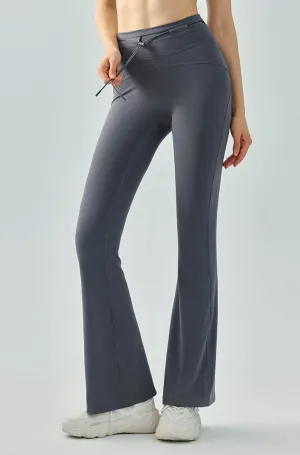 High Waist Athletic Flare Pants Yoga Trousers with Drawstring DoubleLayered Fabric Athletic Apparel