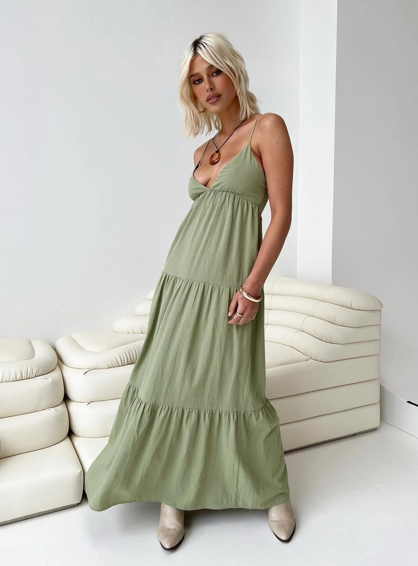 Chelsea Maxi Dress Sage Green Relaxed Finish Natural Light