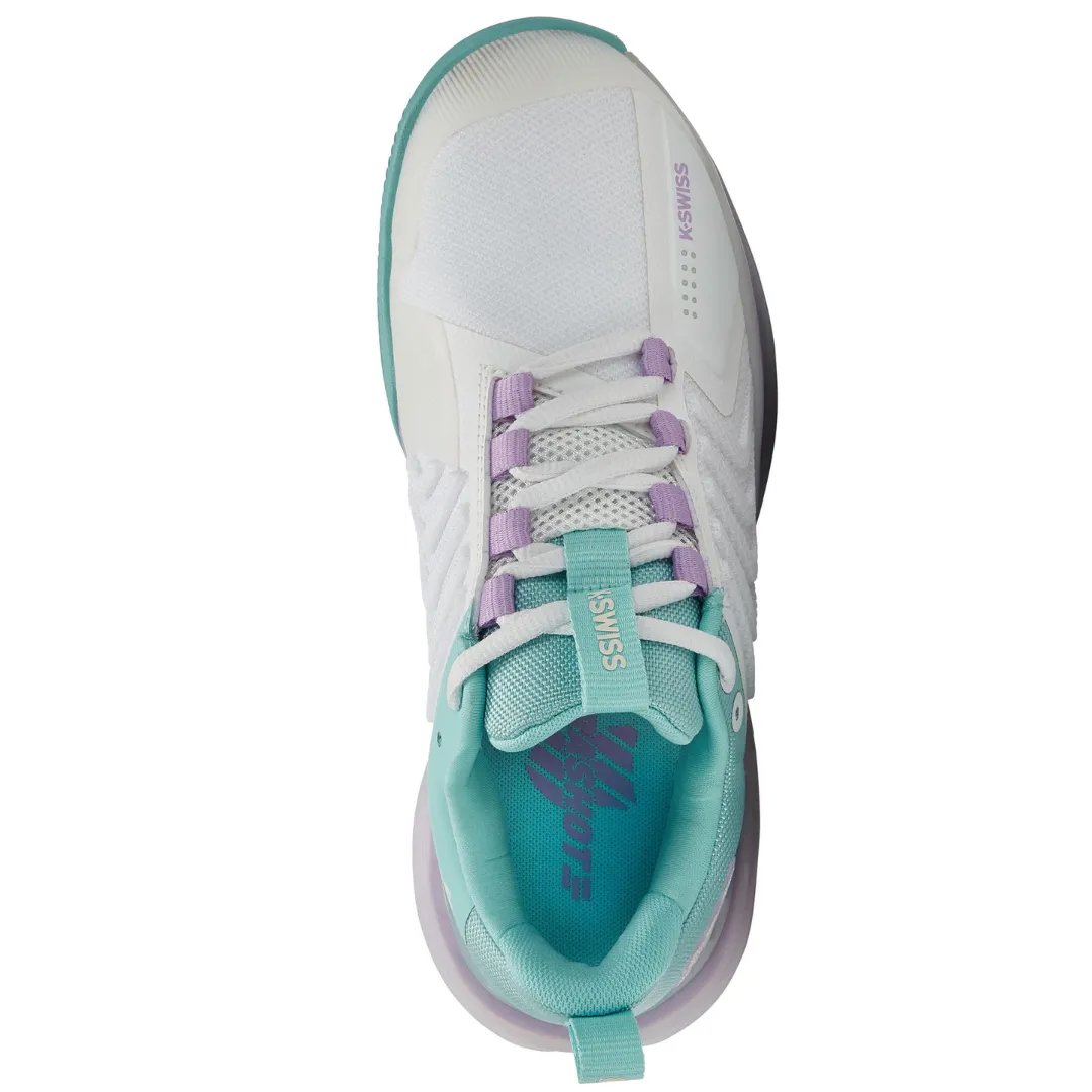K Swiss Ultrashot 3 AC Women Tennis Shoes -  White/Angel Blue/Lilac Torsion Control Plate Shock Diffusing Midsole