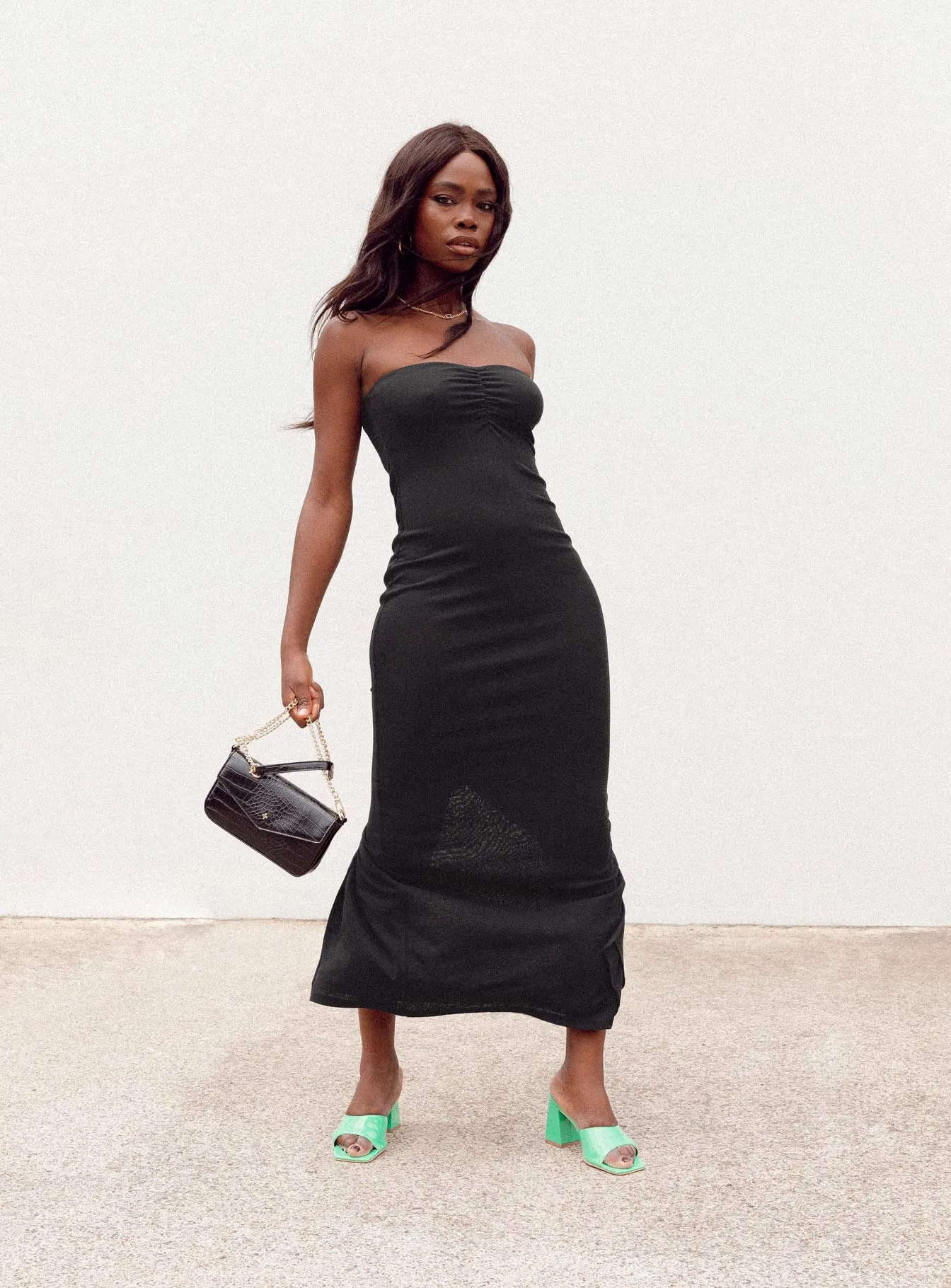 Charm Strapless Maxi Dress Black Glossy Detail