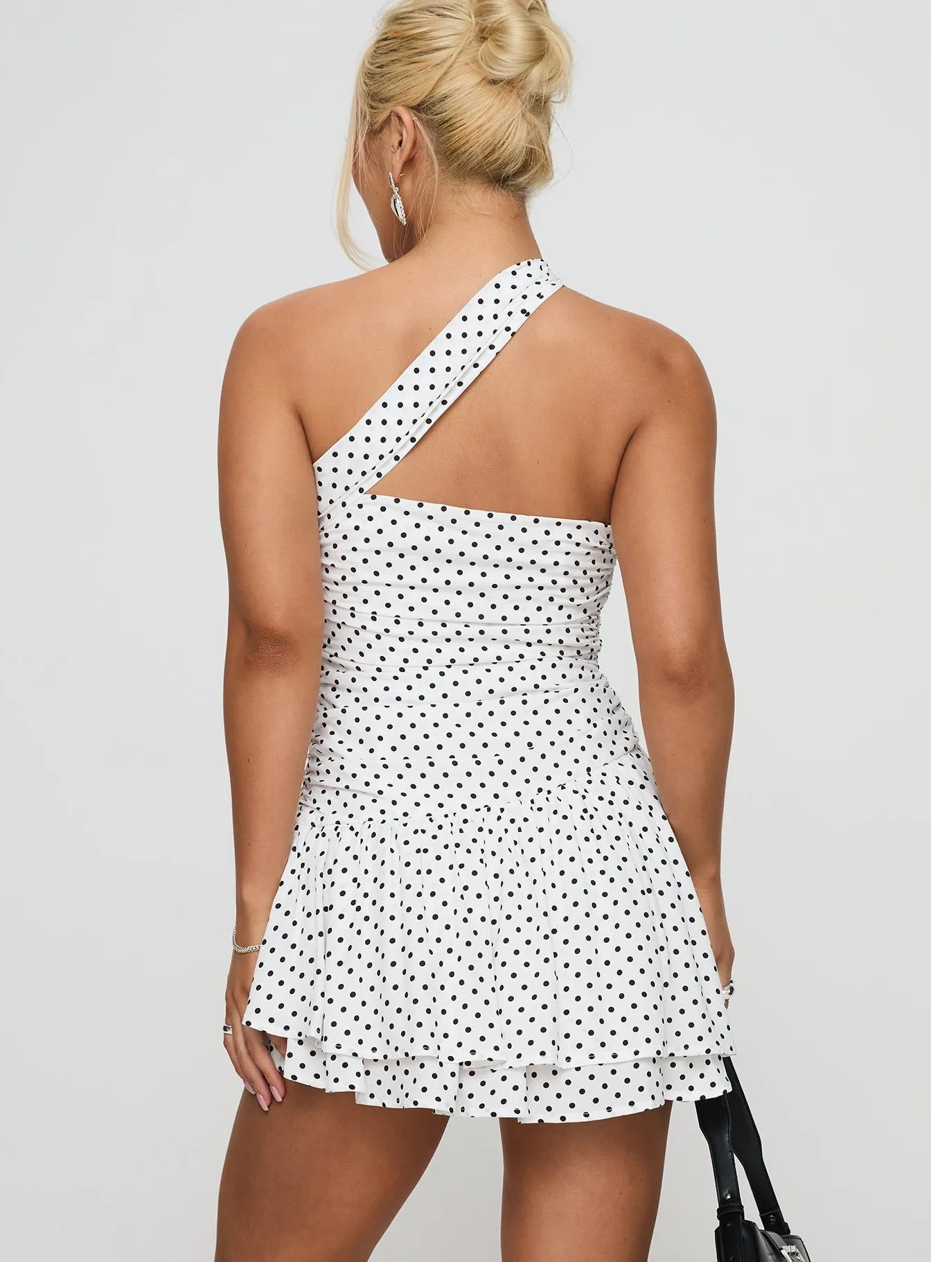 Fashion Option Escapades One Shoulder Mini Dress White / Black Polka