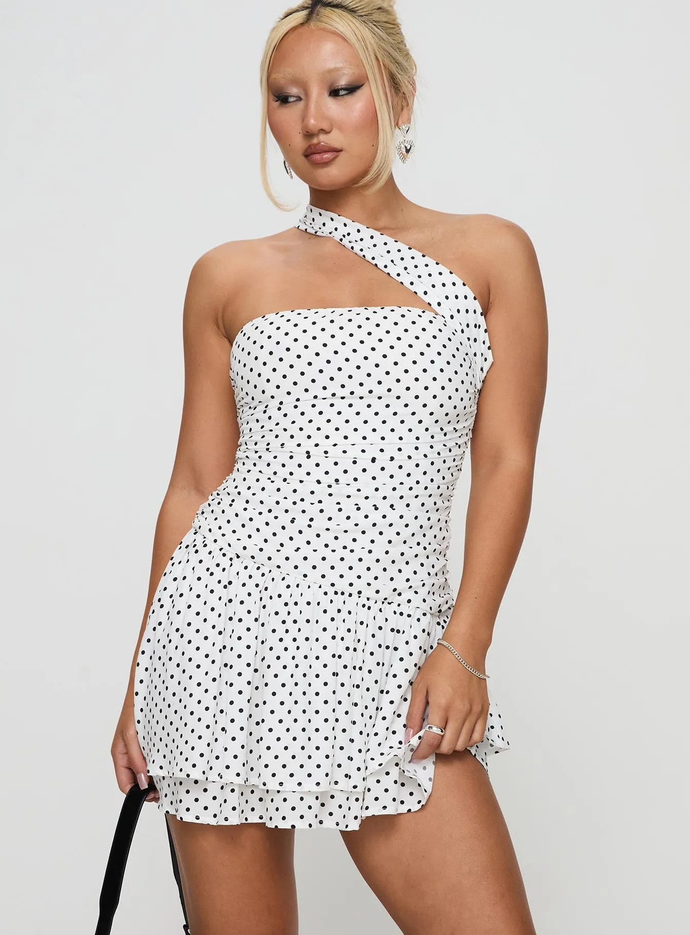 Escapades One Shoulder Mini Dress White / Black Polka Easy Look