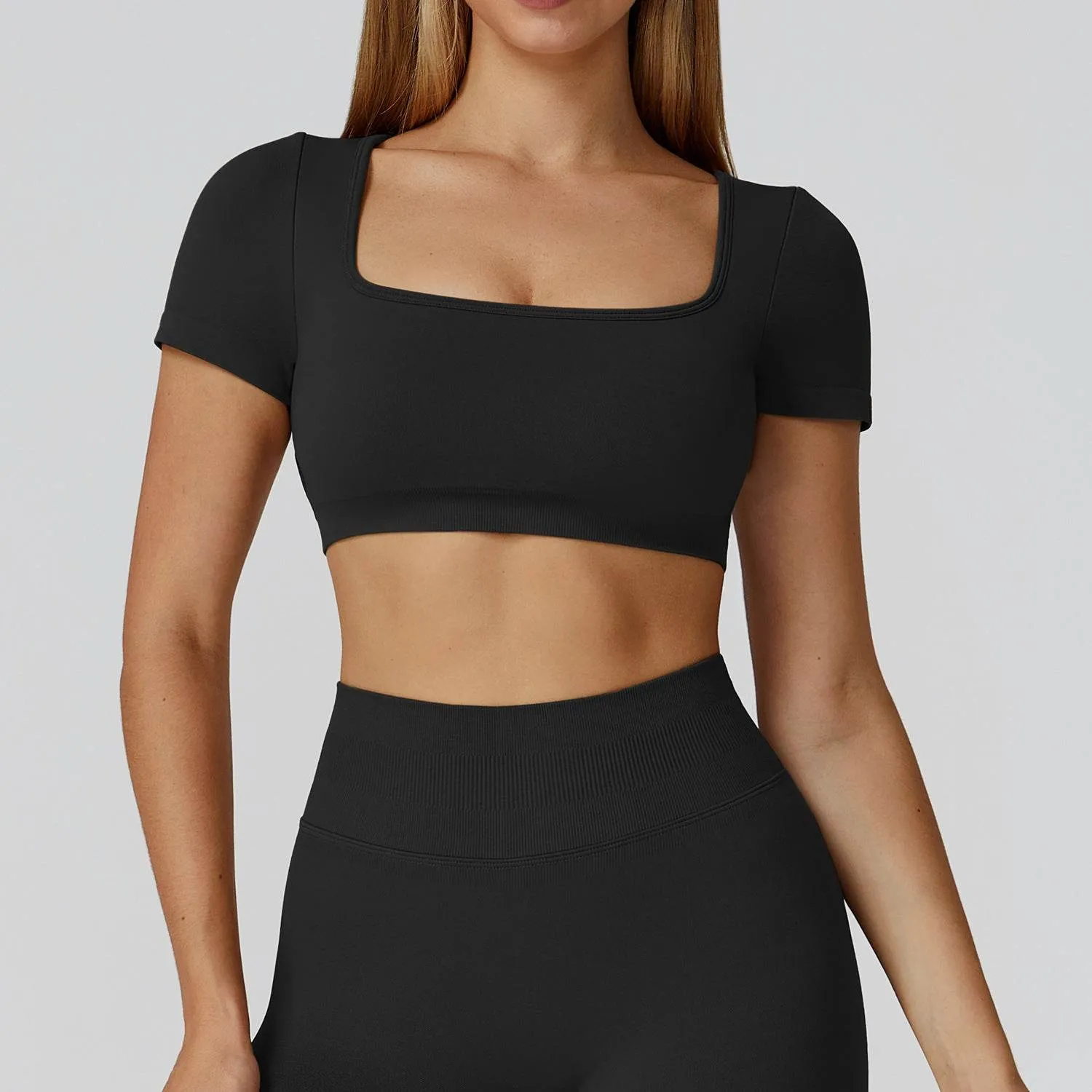 Short Sleeve Crop Top Yoga T-Shirt with Built in Bra VentilatedKnit