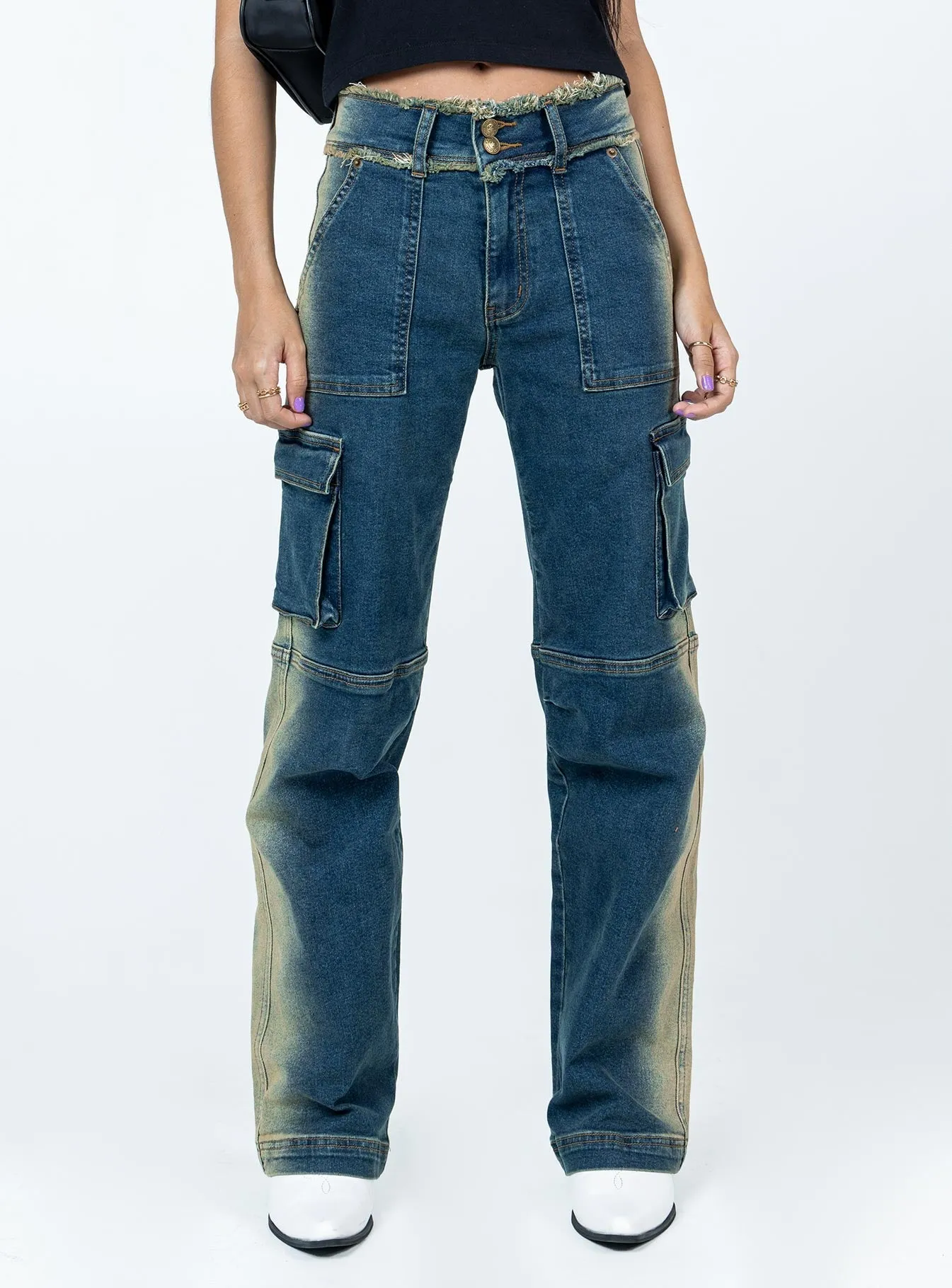 Flexible Hemline Pre Show Denim Jeans Mid Blue