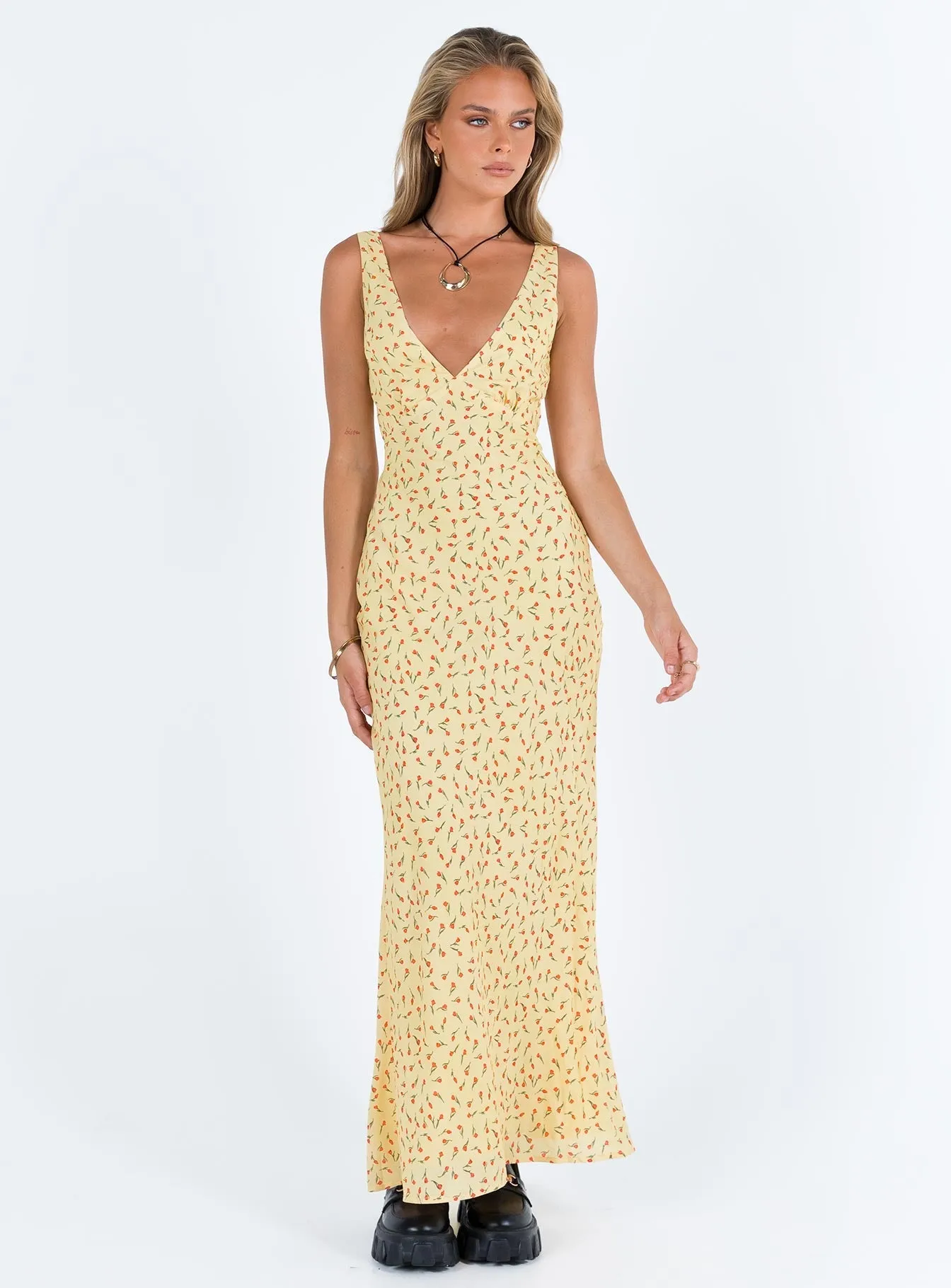 Nellie Maxi Dress Yellow / Red Floral Velvet-Sleeve