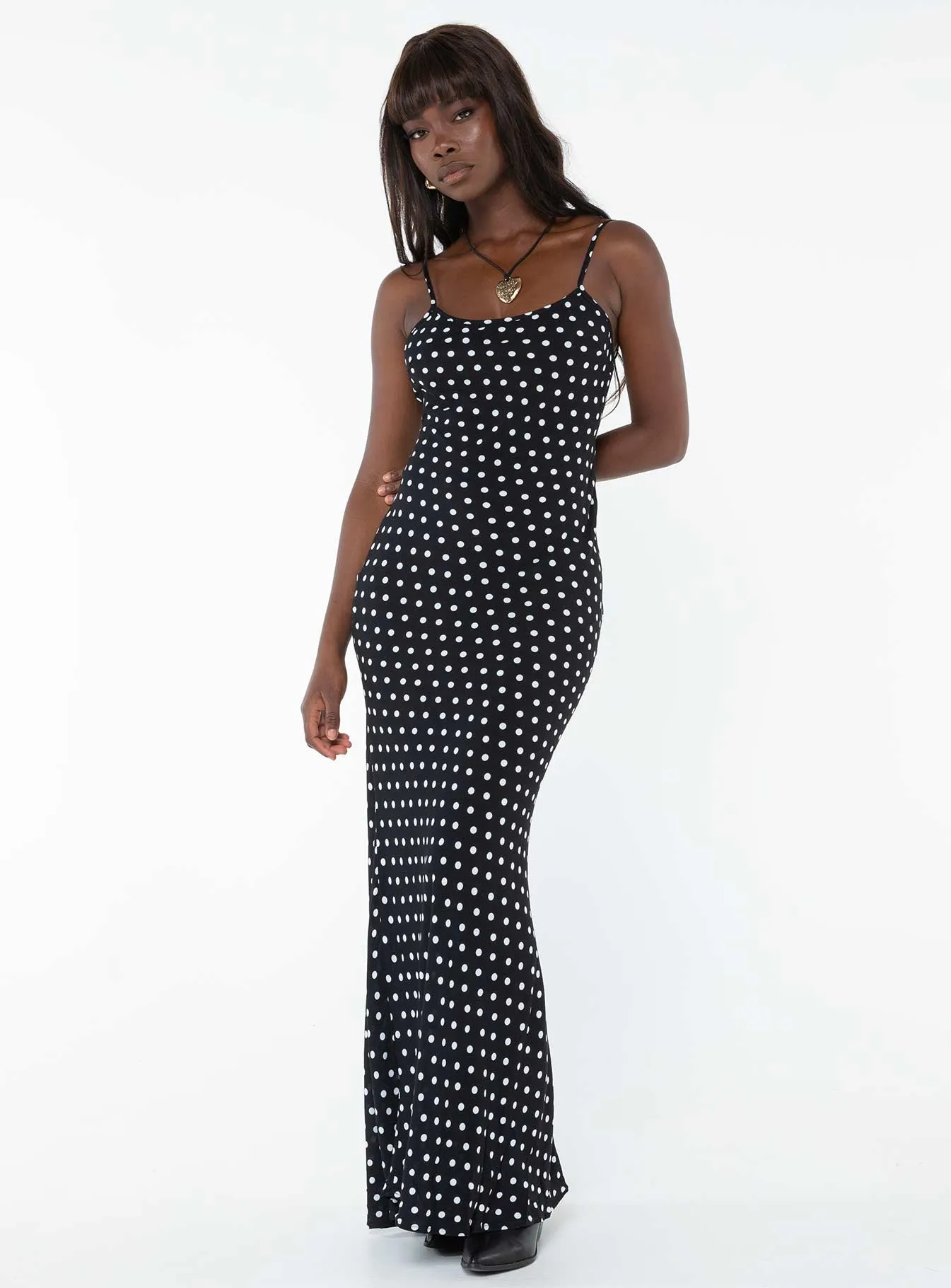 Sheer Layer Delicate Details Luncheon Maxi Dress Black Polka Dot