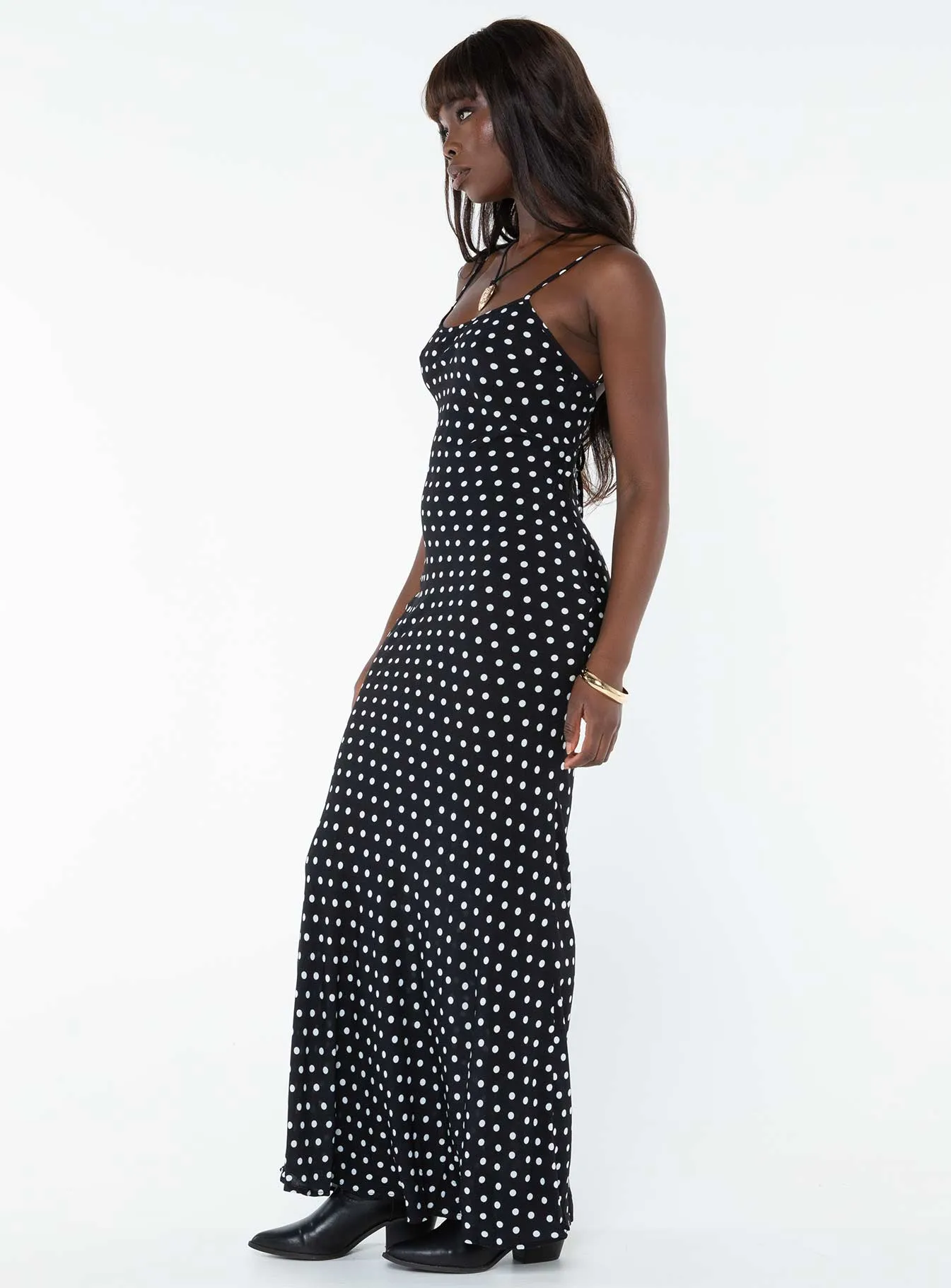 High-Neck Shade Glow Luncheon Maxi Dress Black Polka Dot
