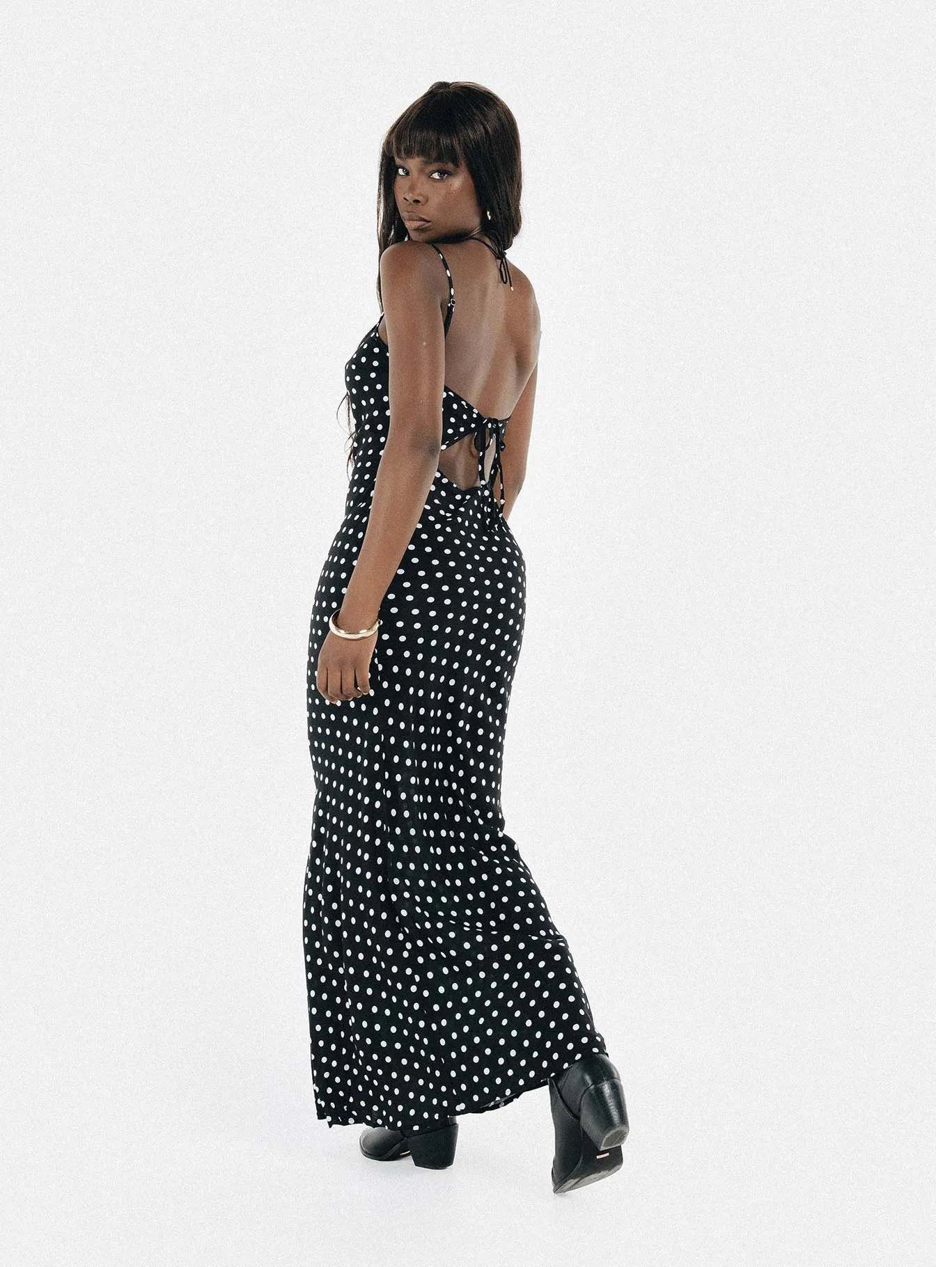 Luncheon Maxi Dress Black Polka Dot Minimalist Elegance Flattering and Effortless