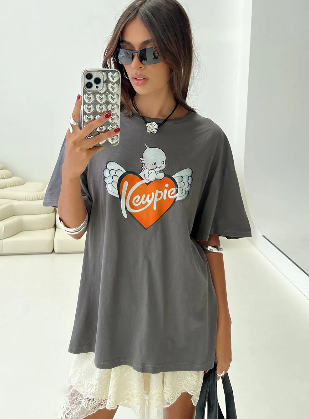 Kewpie Oversized Tee Washed Black Breezy Design Versatile Outfit