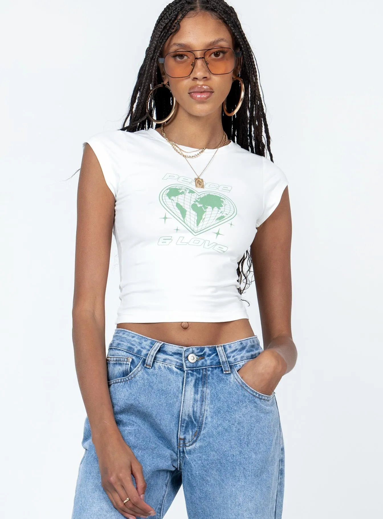 Peace and Love Longline Tee White Non Restrictive Silhouette Yarn Dyed Stripes