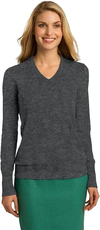 Port Authority Women's V Neck Sweater Charcoal Heather Easy Look