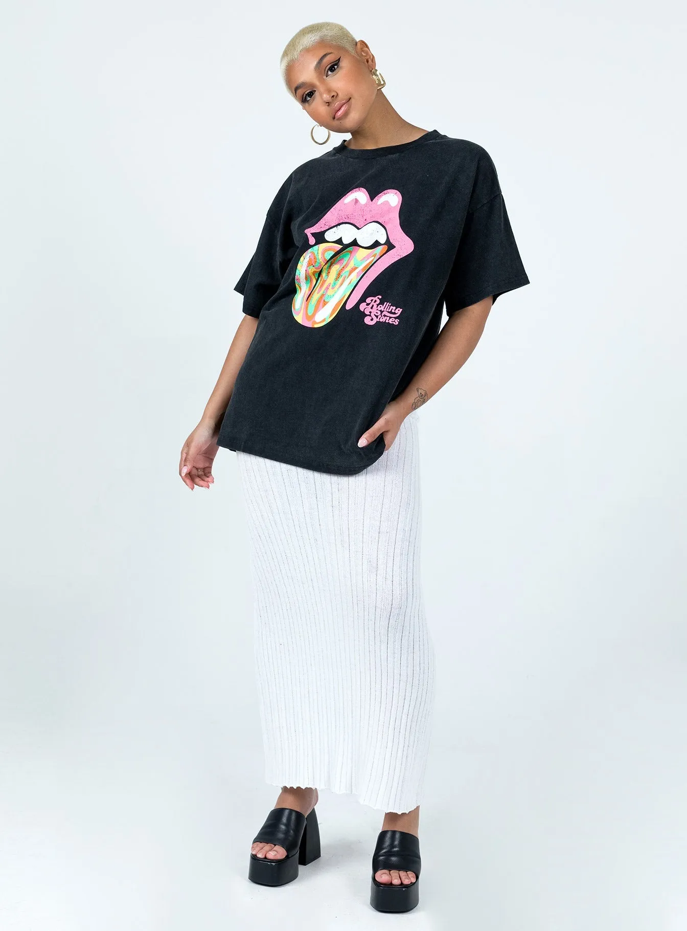 The Rolling Stones Retro Swirl Oversized Tee Black Casual Layers Elegant Detail