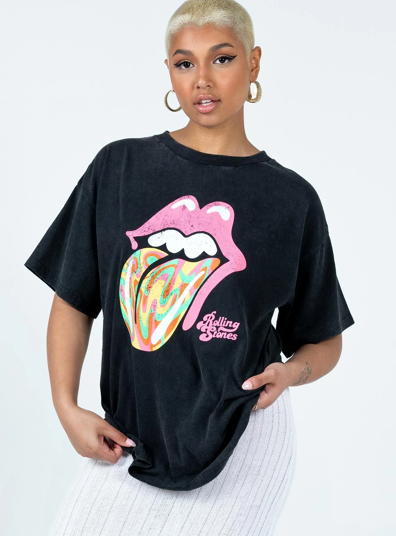 Flexible Shoulder Seams The Rolling Stones Retro Swirl Oversized Tee Black