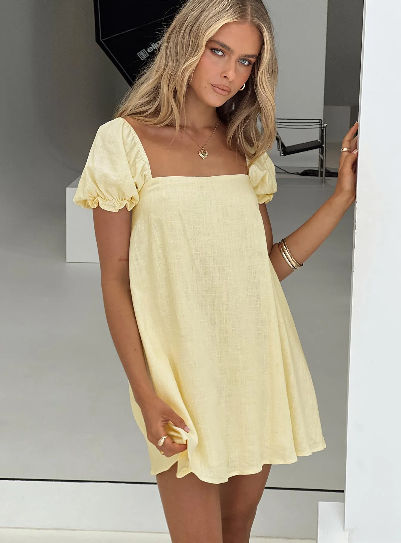 Beyond Linen Blend Mini Dress Yellow Seamless-Look