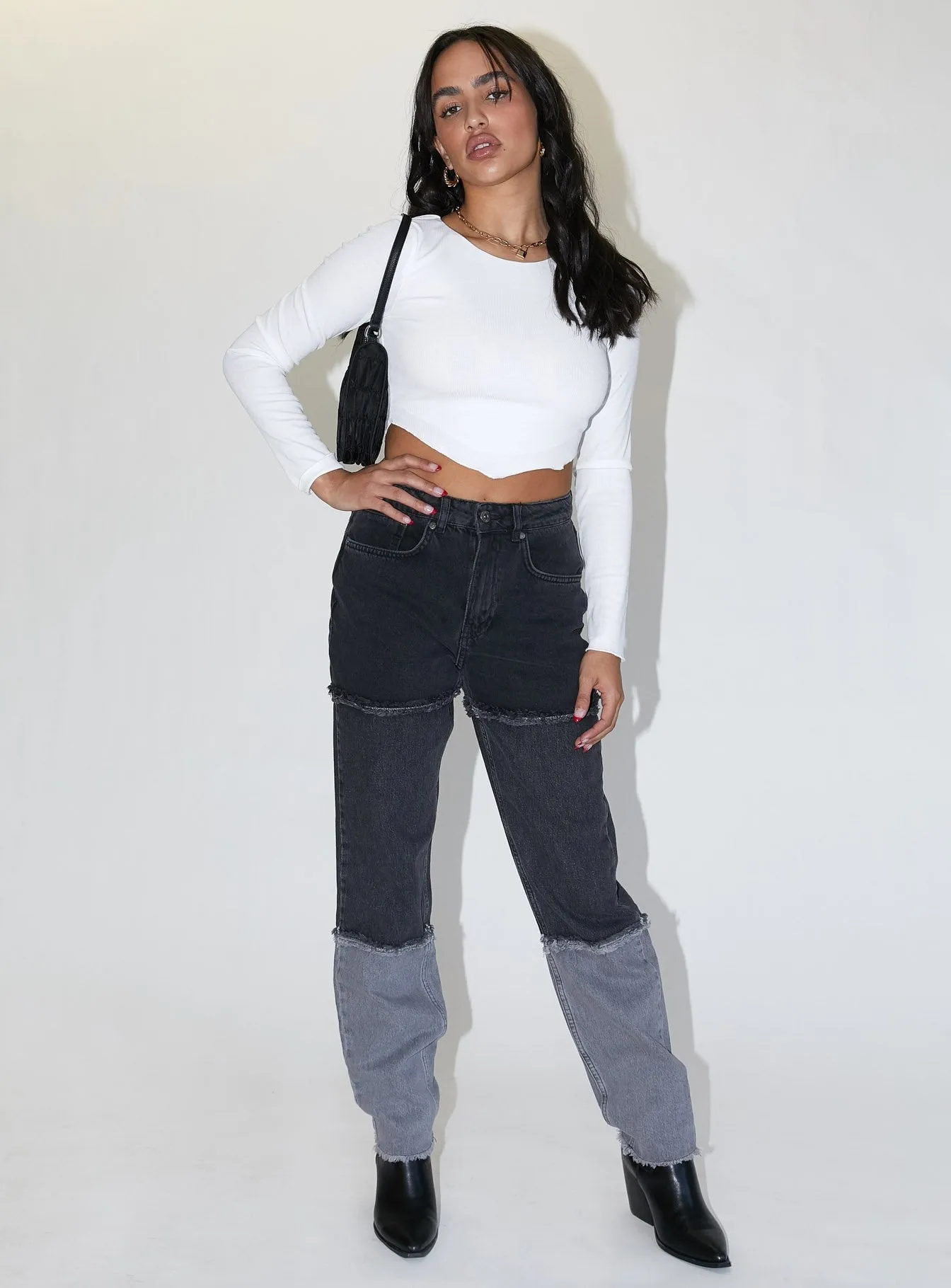 Crystal Soul The Ragged Priest 3 Panel Ombre Black Mom Jean w/fray Seams