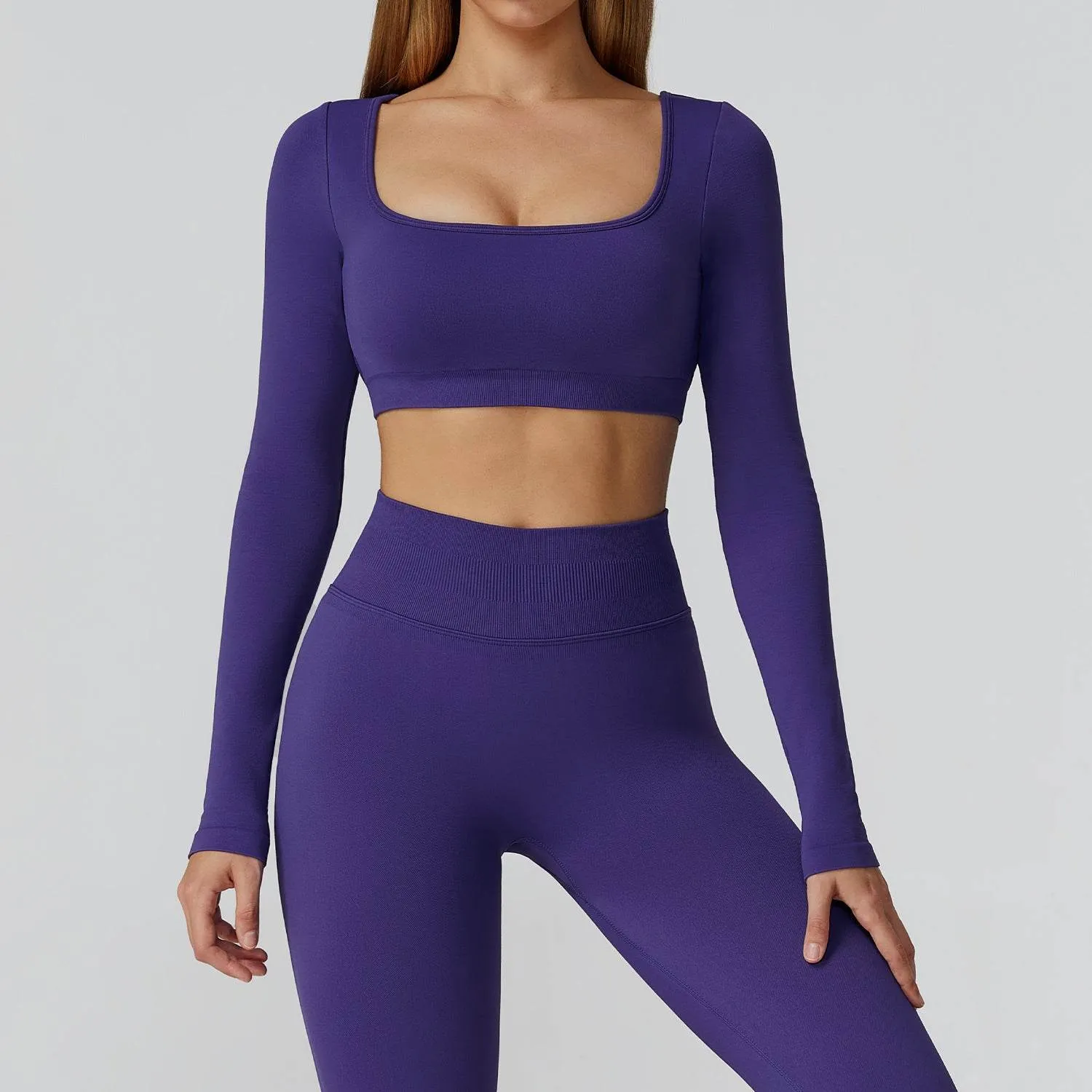 HiddenZipperClosure Long Sleeve Crop Top Yoga T-Shirt with Built in Bra