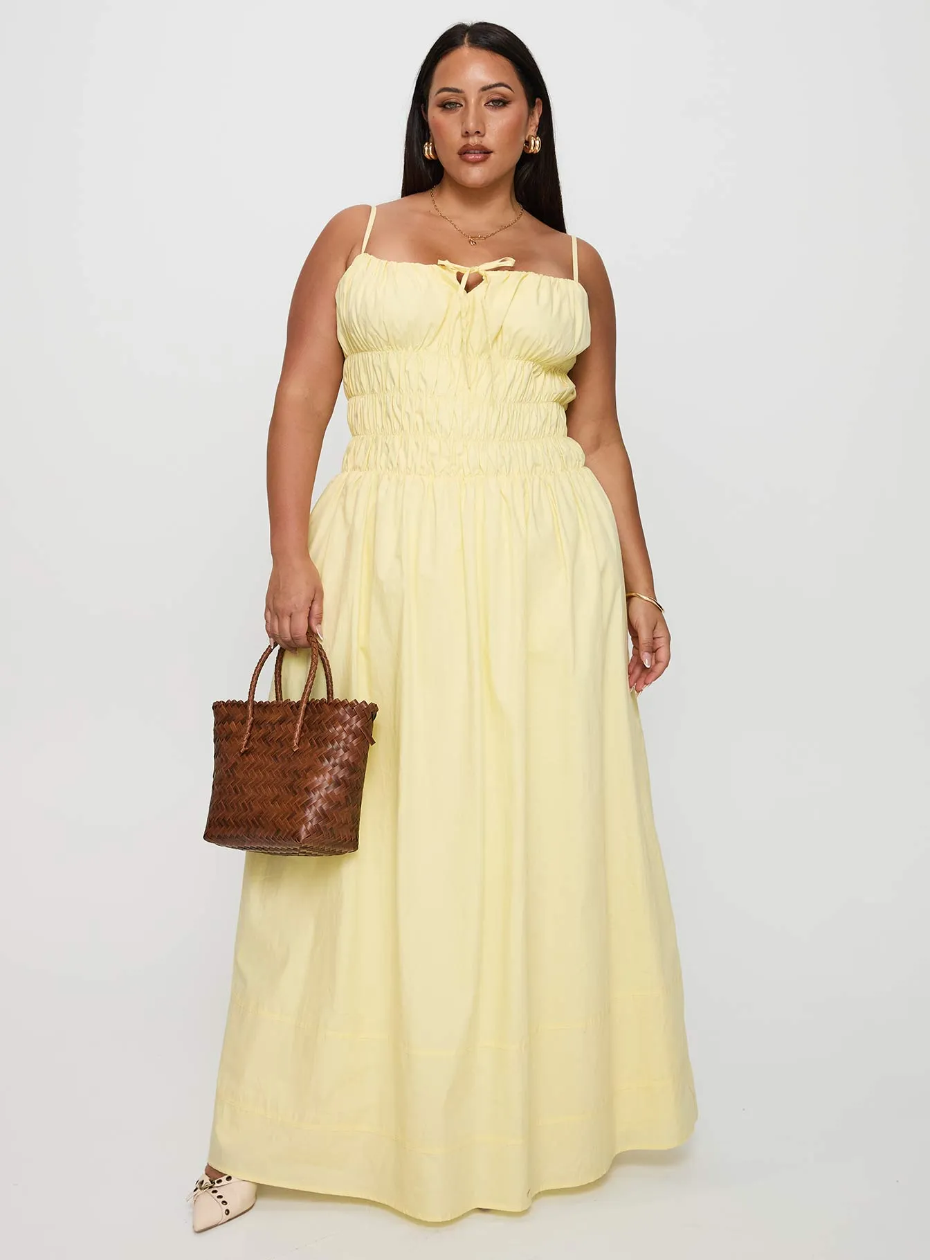 Loralei Shirred Maxi Dress Yellow Curve Pocket-Detail