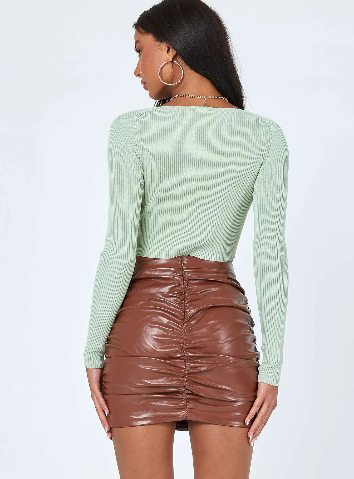 Back Slit Davis Ruched PU Mini Skirt Brown